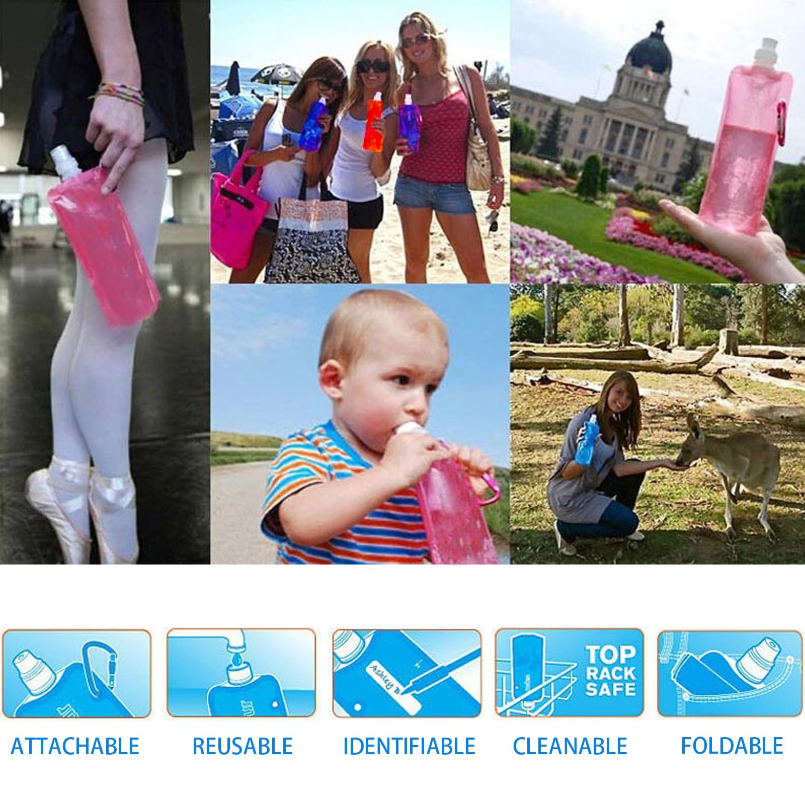 WEDAMOO Bouteilles D'eau Pliable 600ML, 4 Pièces Bouteilles D'eau Pliables Portable, Pliable Bouteille D'eau Avec Mousqueton, Reutilisable Bouteille Pliable Pour Randonnée, Aventures, Voyages
