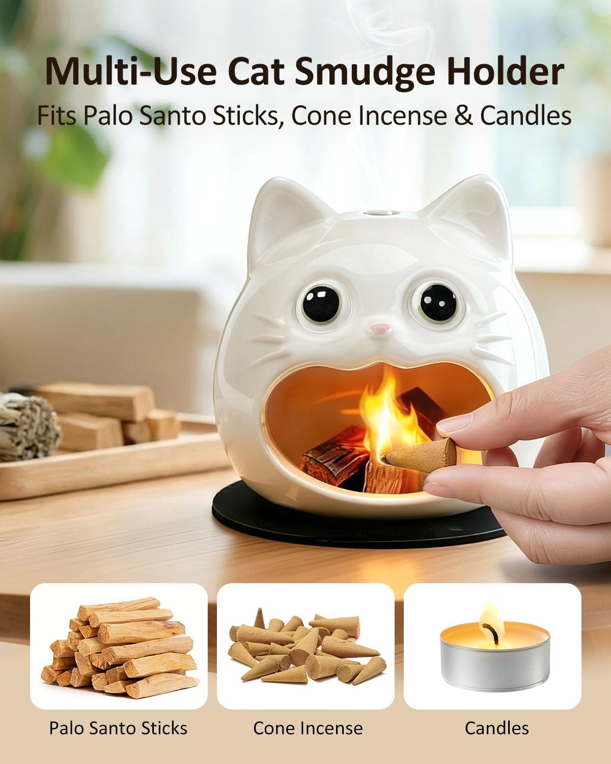 Ceramic Palo Santo Holder, Handmade Palo Santo Burner with Heat-Resistant Mat, Incense Holder for Energy Cleansing, Yoga, Meditation Gift, Decoration