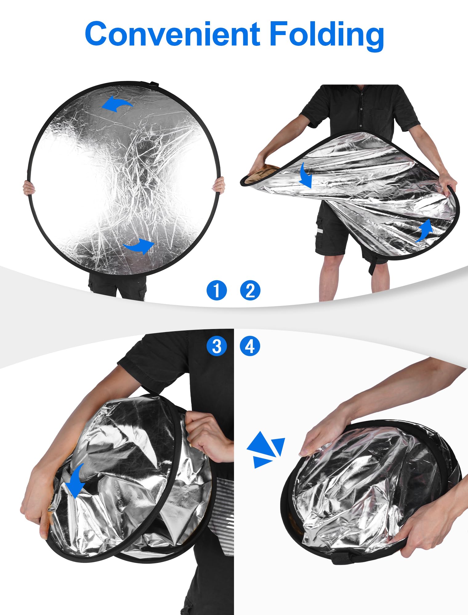 Selens Tragbarer 80 cm Lichtreflektor mit Klemme, 5-in-1 zusammenklappbarer Multi-Disc-Foto-Reflektor, durchscheinend, Silber, Gold, Weiß, Schwarz, für Studio-Fotografie-Beleuchtung und