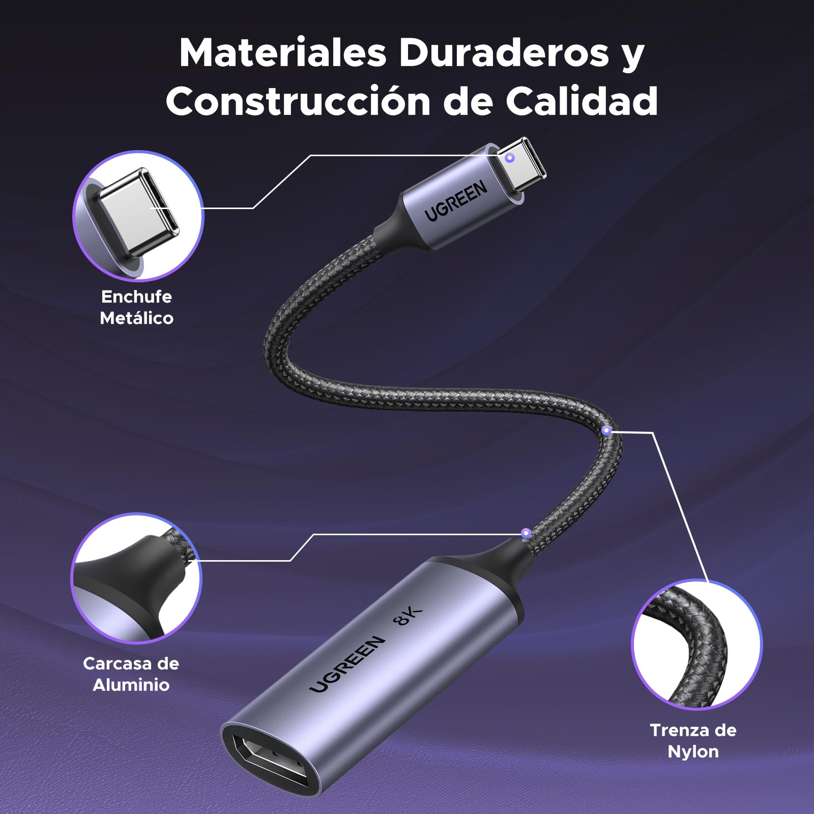 UGREEN Adaptador USB C a DisplayPort 1.4 8K 60Hz 4K 240Hz Cable Thunderbolt 3 a DP HDR VRR Dolby Compatible con iPhone 17 Pro Max Air Galaxy S24 Plus Ultra MacBook iPad Pro Air Surface