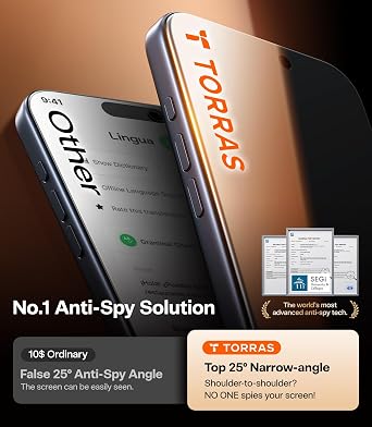 TORRAS for iPhone 17 Pro Privacy Screen Protector [25 Anti Spy] [Military-Grade 9H+ Aerospace Tempered Glass] Anti-Scratch Full Coverage Fit Privacy Screen Protector 17 Pro 6.3 2-Pack