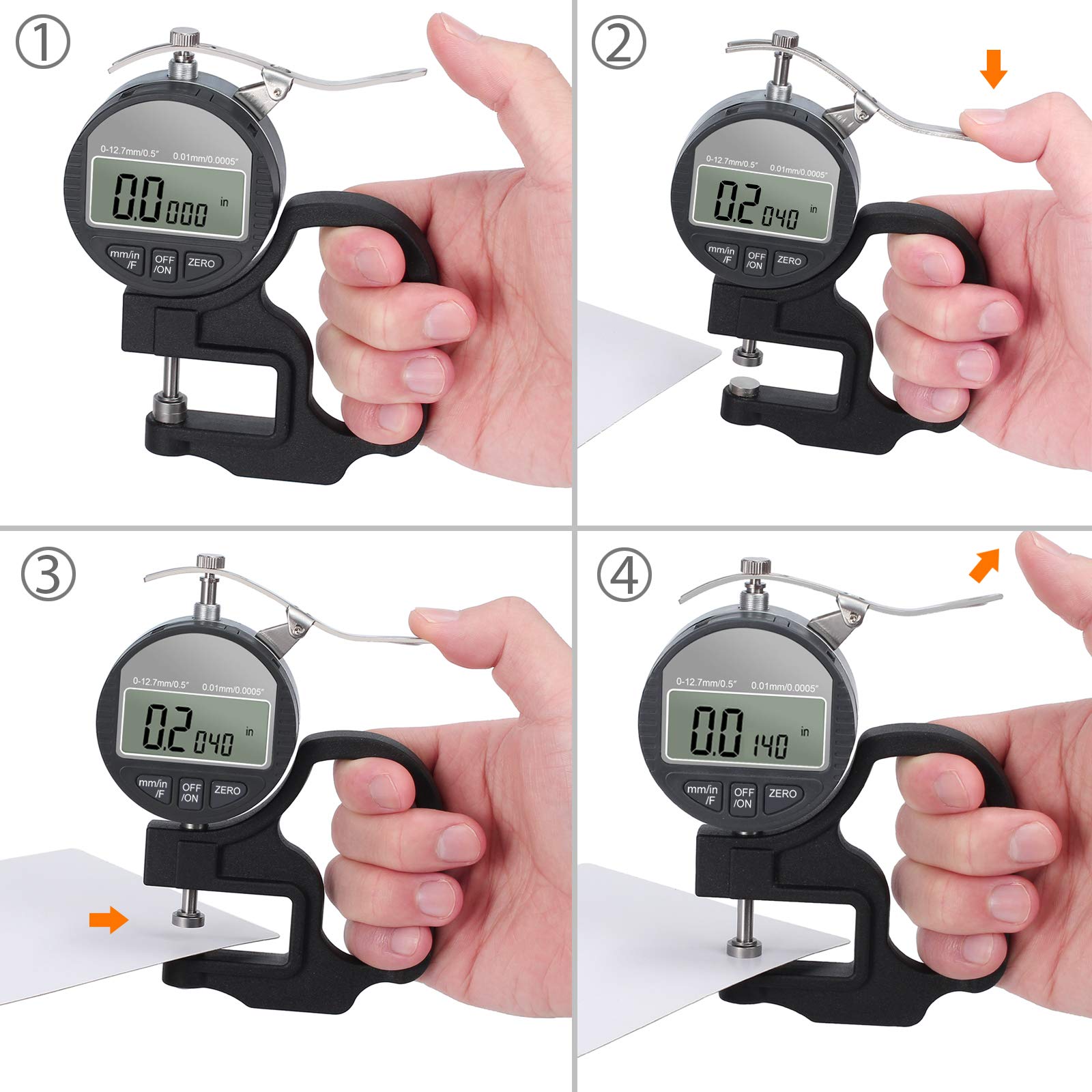 Neoteck Jauge d’Epaisseur Numérique Mesure Thickness Digital 0-12.7 mm,0.01mm/0.0005"/1/128"Micromètre Eléctrique Mm/Pouce/Fraction Pourcentage Affichage LCD à Cristaux Liquides Tissu Cuir Papier