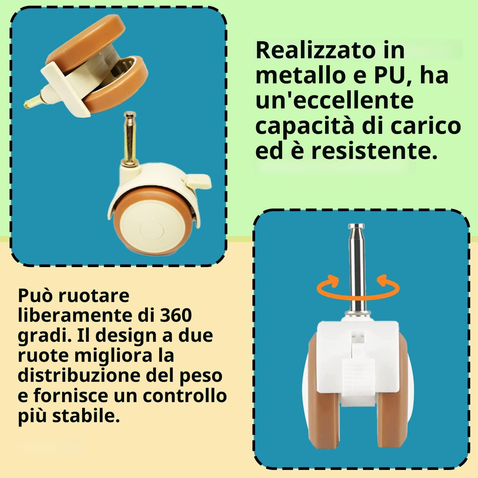 ZoeTekway Set di 4 ruote girevoli per mobili con manicotto 10,5 mm, ruote silenziose in gomma con freni
