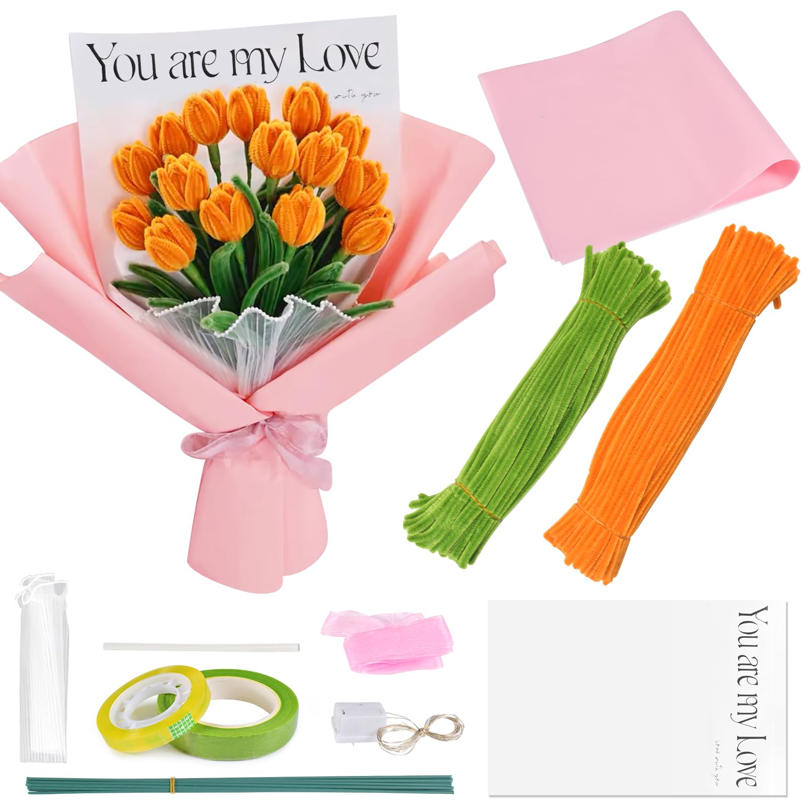 Kit DIY Tulipes En Fil Chenille - 200 Pièces Jaune/Vert + Accessoires | Cadeau Créatif