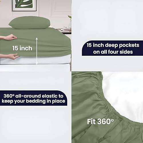 Miniatura 5 de SGI - Juego de sábanas 100 % algodón egipcio de 600 hilos, tejido de satén suave y liso, juego de sábanas de 4 piezas, 1 sábana bajera, 1 sábana