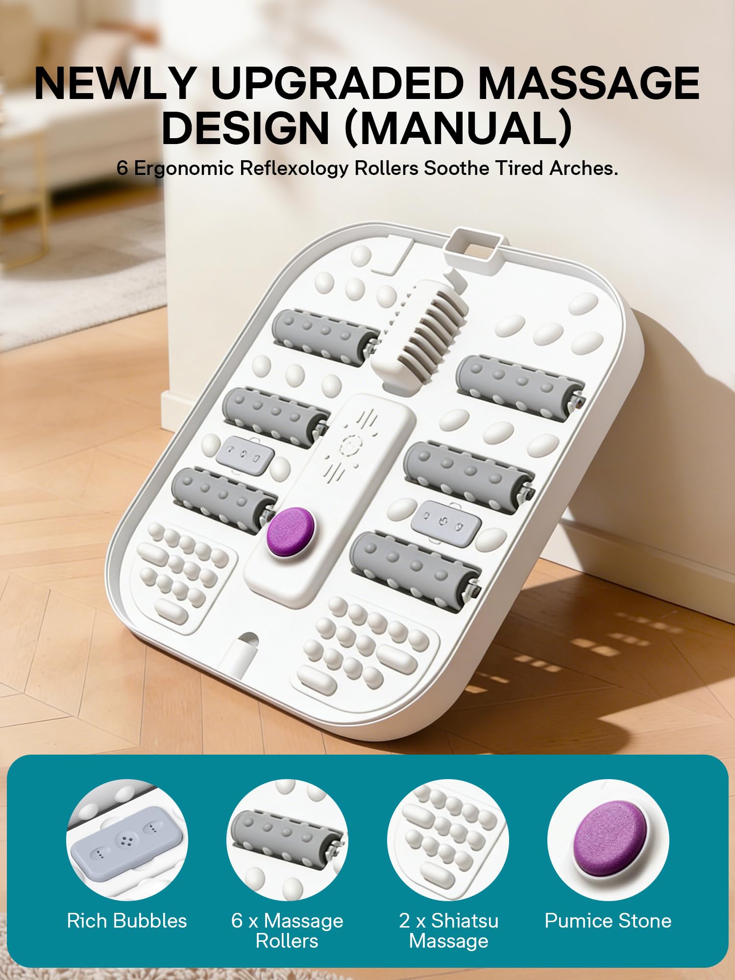 ALLJOY Bain de Pieds Massant Chauffant Pliable, Balnéothérapie Pieds avec 24 Niveaux de Température (35-48°C), 6 Rouleaux, Bulles,Infrarouge et Pierre Ponce, Thalasso Pieds pour Soulagement et Détente - 5