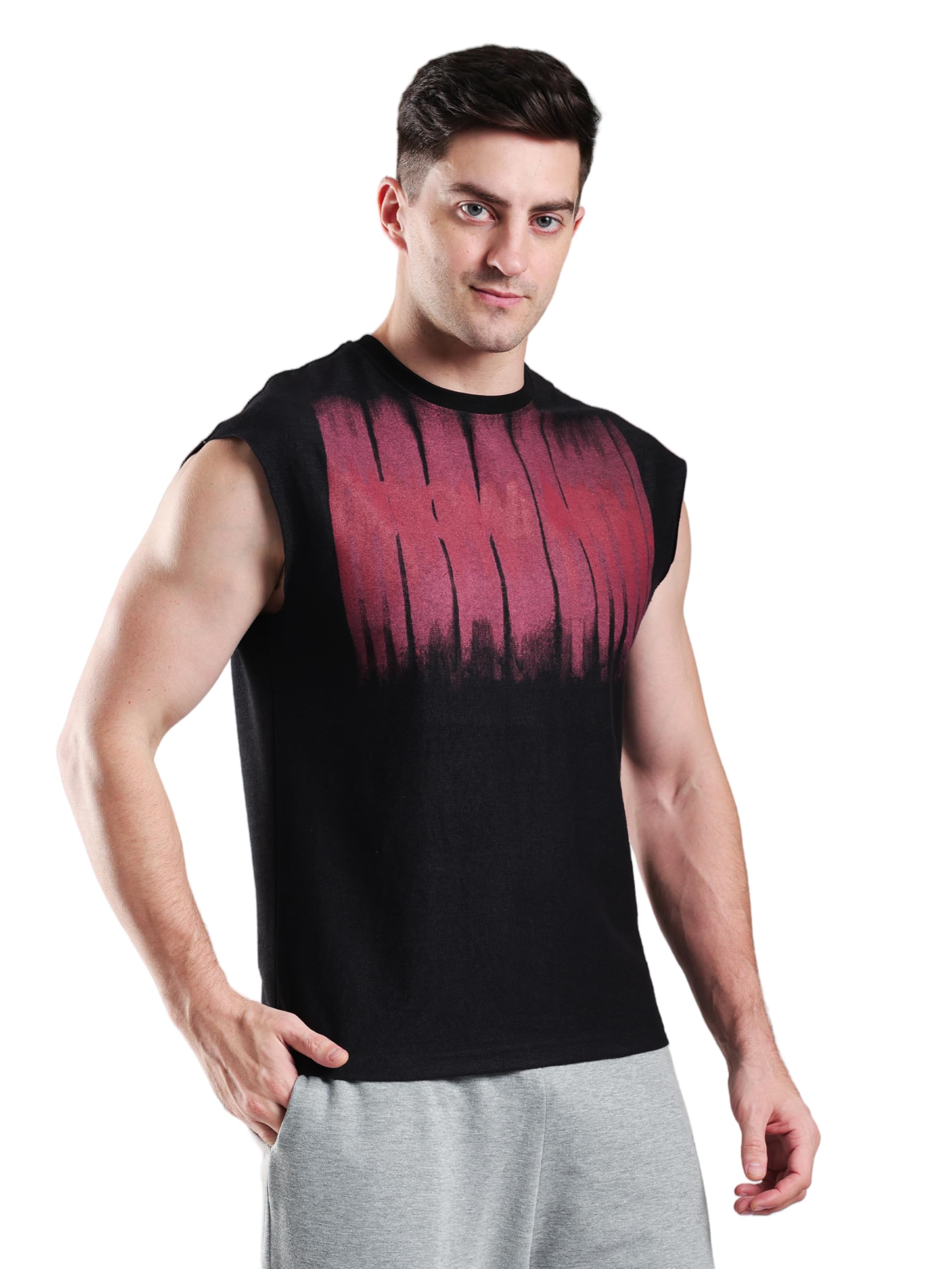 Shadow Drip Capsleeves Tee Round Neck Gym Sleeveless T Shirt for Men | Cotton Terry Lycra Pull Over Sport, Workout T Shirt for Men