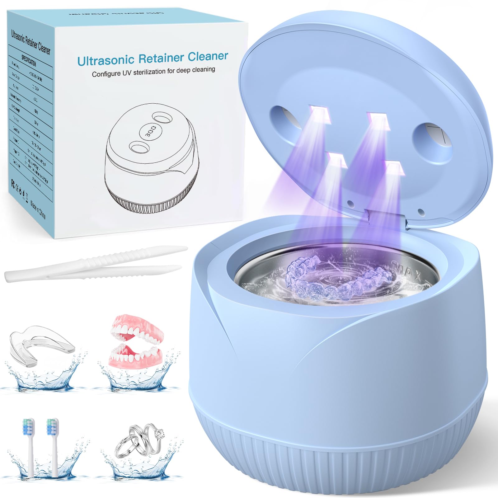 Ultraschallreinigungsgerät zahnschiene Dental Pod: 45KHz Ultrasonic Cleaner | 200ML Mit UV Ultraschallreiniger für Zahnersatz, Retainer, Aligner, Zahnschiene reinigung, Prothesen, Schmuck (Blau)