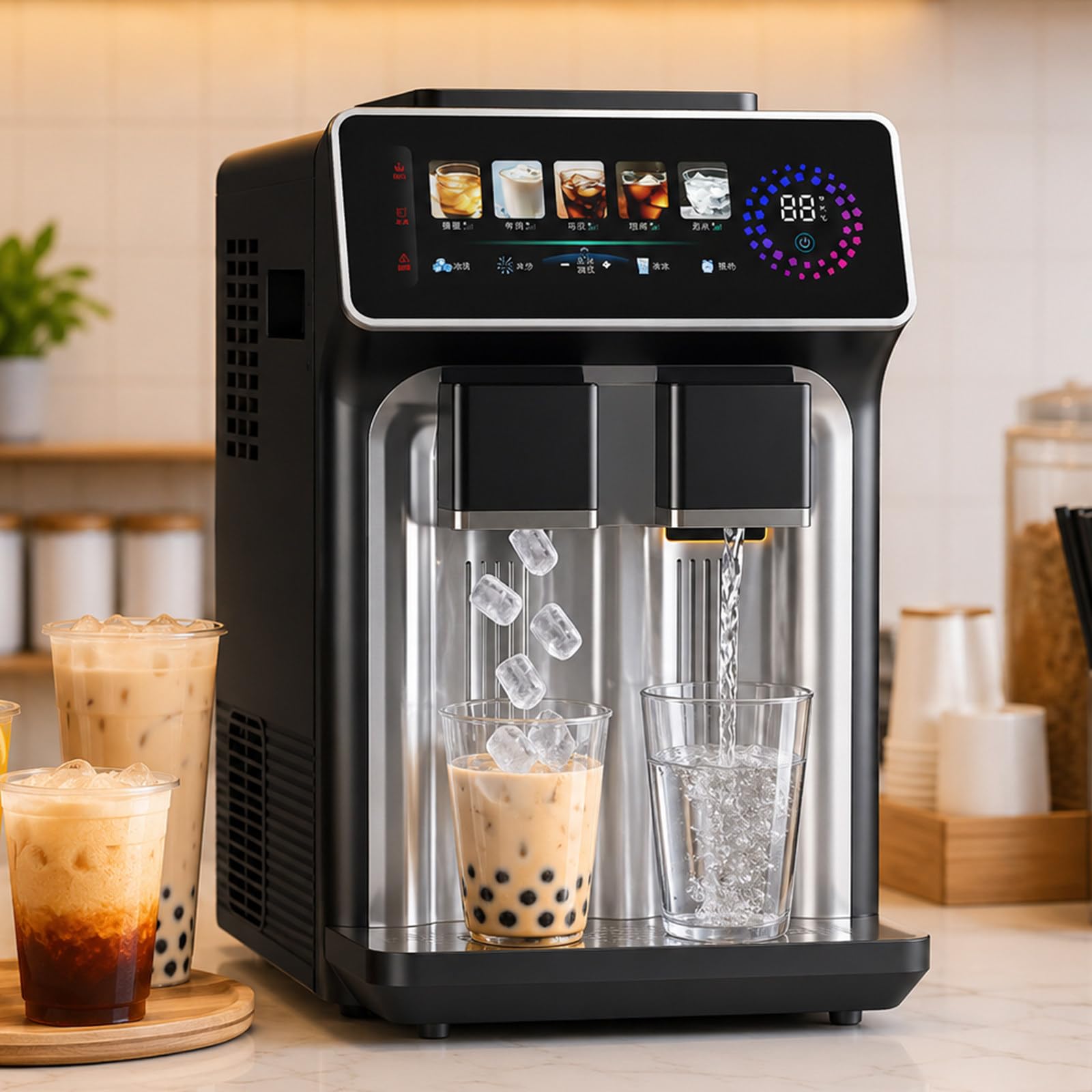 lilishangmao Portable Countertop Ice Maker, Automatic Ice Cube Maker Machine with 1kg Ice Storage, Chilled Water Dispenser, Adjustable Ice Size and Touch Control for Office, Home Bar, Parties