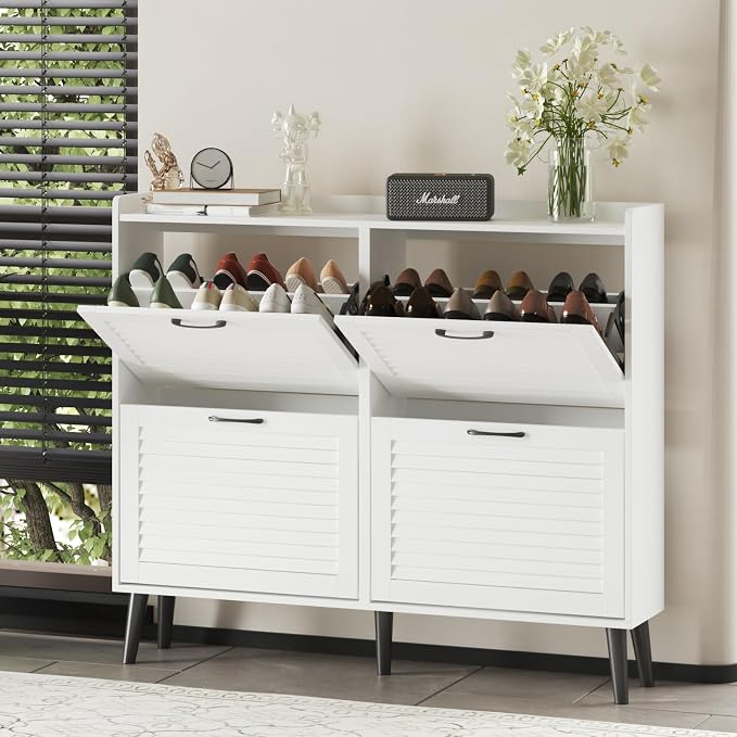 Maupvit Large Shoe Storage Cabinet with 4 Flip Drawers, Narrow Shoe Cabinet for Entryway with Wooden Legs, Freestanding Hidden Shoe Rack Organizer ＆ Metal Hinges, Black