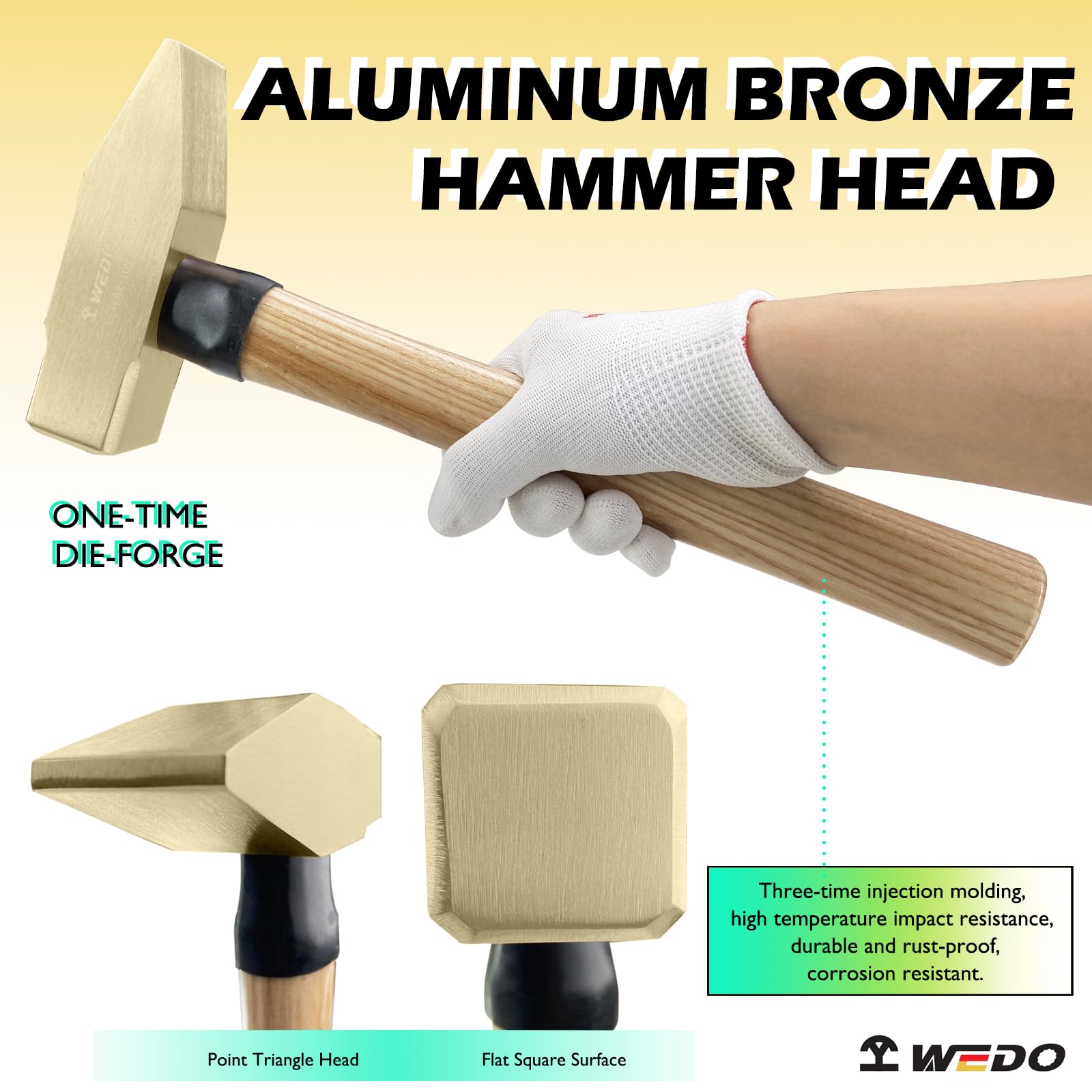 WEDO Schlosserhammer,Nicht funkelnd Ingenieurhammer mit Holzgriff,Kopfgewicht 500g,Länge 310mm,Aluminium Bronze Zimmererhammer,Hämmer für Ingenieure,korrosionsbeständig,BAM/FM-Zertifikat