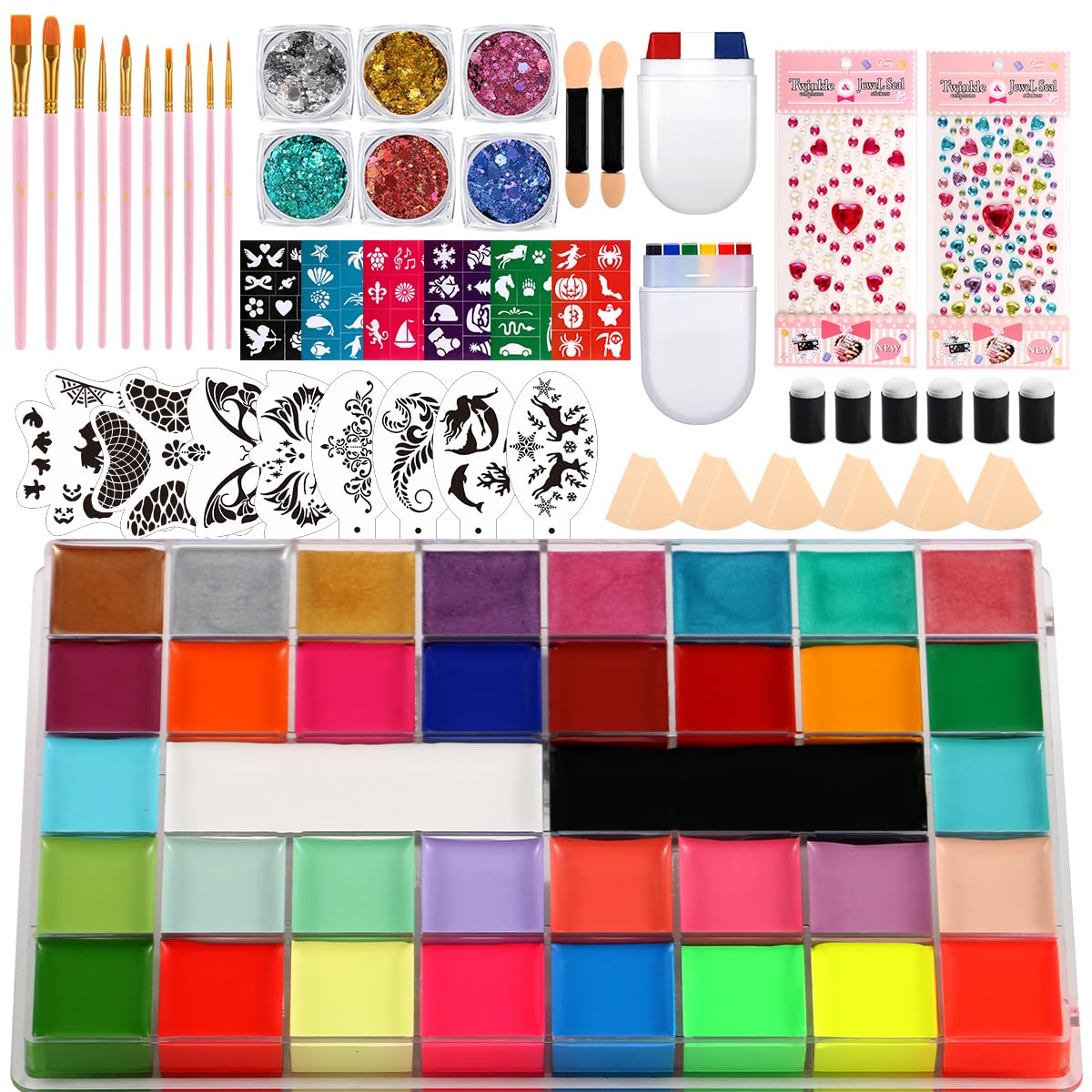 Face Painting Kit Professional Face Body Paint Oil Palette 36 Colors Include 8 UV Glow Colors Brushes Glitter Gel Sponges Facepaint Sticks Gems Stickers
