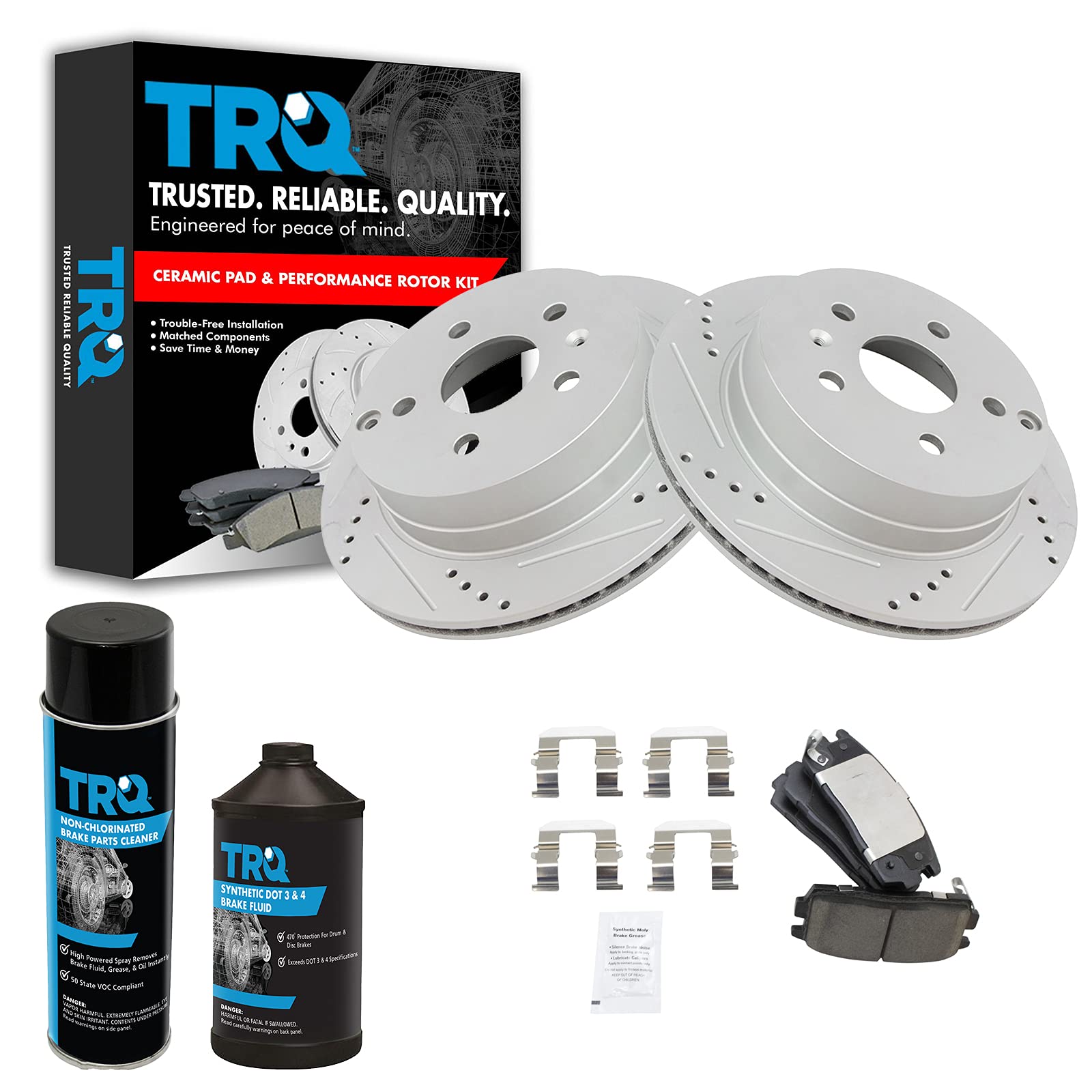 TRQ Rear Performance Brake Pad &amp; Rotor Kit, with Chemical Kit Ceramic Vented Premium G-Coated Compatible with 2010-2017 Chevrolet Equinox GMC Terrain