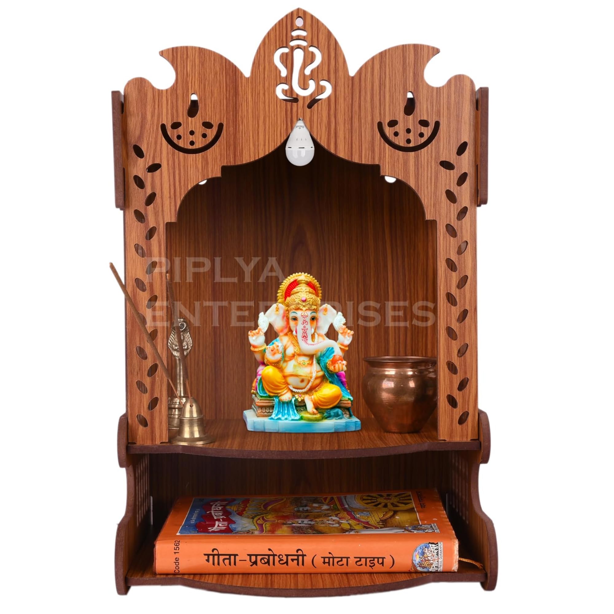 AR WALL Art Wall Mounted Polished Pooja Mandir in Light Finish | Compact Wooden Temple Style_68 for Home & Office (L-10.5 x W-8.25 x H-14.25 Inch)