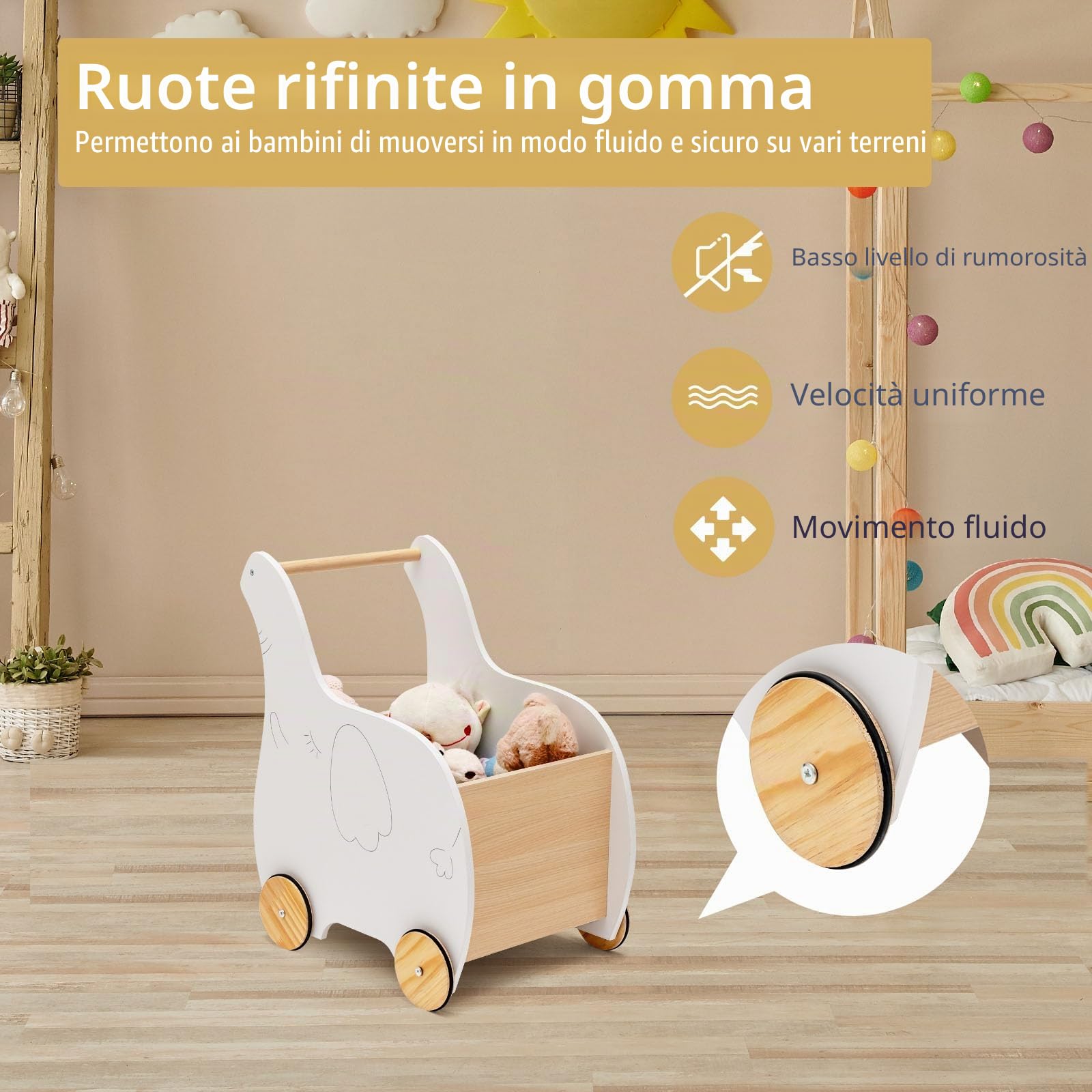 LIFEZEAL Girello per Bambini, Girello Neonato, Baby Walker, in Legno, Primi Passi per Bambini, con Spazio di Archiviazione, Girello Bimba per 12-36 Mesi, Carrello Primi Passi con Ruote, Bianco
