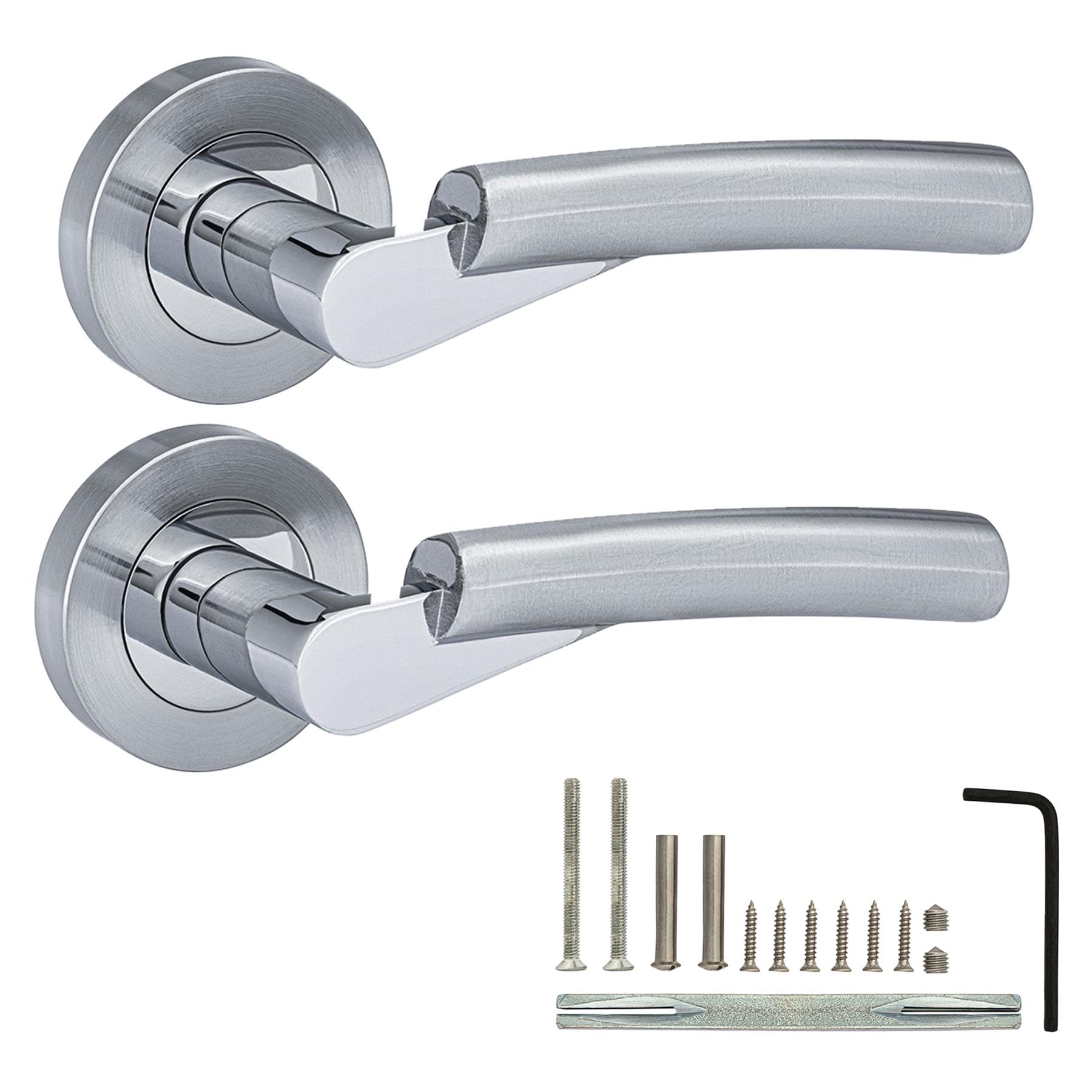 Xfort Polished Chrome / Satin Chrome Luna Lever On Rose Door Handles, Internal Door Handle Sets, Lever Latch Door Handle, Interior Door Handles For Home & Office, – Polished Chrome/Satin Chrome Nickel Dual Finish