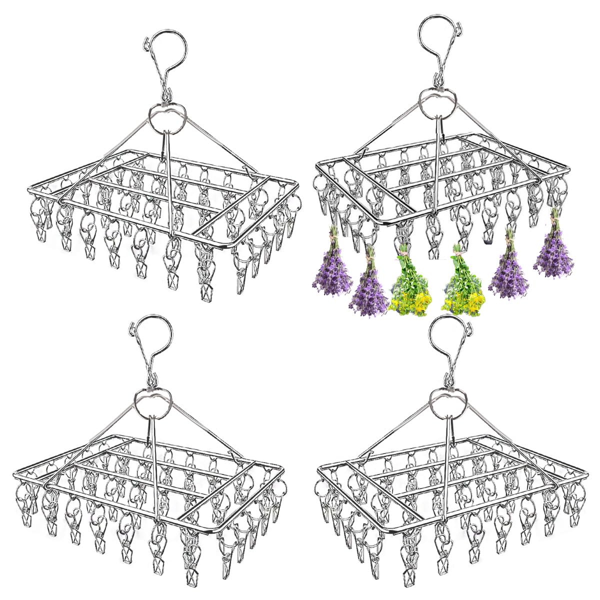 Jtuxcke 4 Pcs Hanging Herb Drying Rack for Herb Macrame Flower Drying Rack with 30 Stainless Clip Herb Dryer Hooks Space Saving Herb Dryer for Fresh