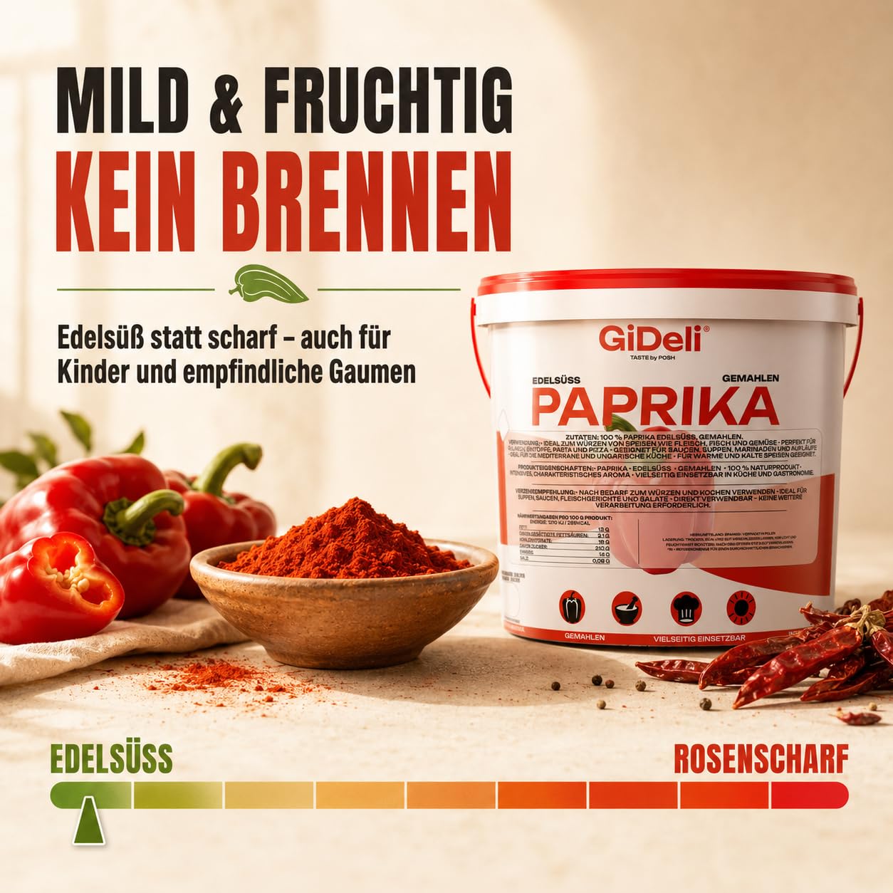 GiDeli Paprika Edelsüß Gemahlen 10kg im Eimer - 100% Paprika ohne Zusätze - Vegan & Glutenfrei - Spanisches Paprikapulver & Pimentón - Mildes Aroma - Rotes Gewürzpulver - Ideal für Gulasch & Pasta