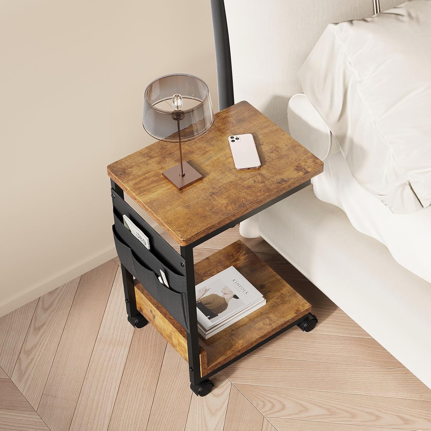 YeTom Side Table,C Table with 2-Tier Storage Shelf, End Table with a Storage Bag, Sofa Table with Wheels for Living Room, Bedroom, Office, Bathroom, Rustic Brown