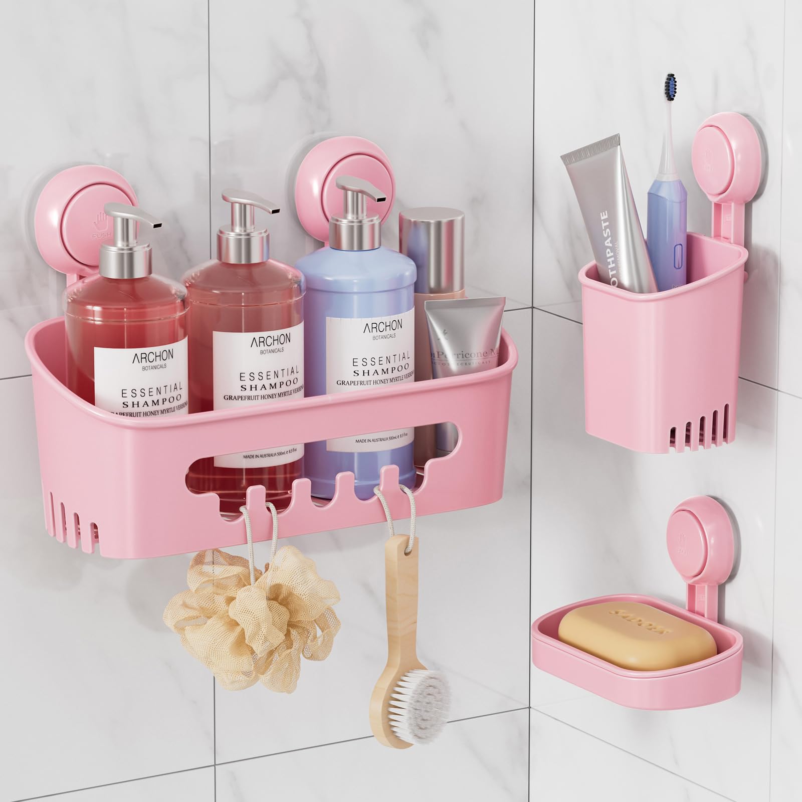 LEVERLOC Shower Caddy Suction Set Bathroom Accessories Storage 2 Pack Pink