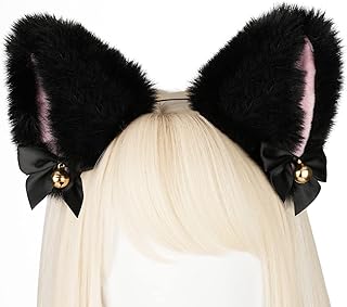 猫耳 カチューシャ 鈴付き 狐耳 獣耳 猫 コスプレ ふわふわ ハロウィン 仮装 コスチューム (黒)