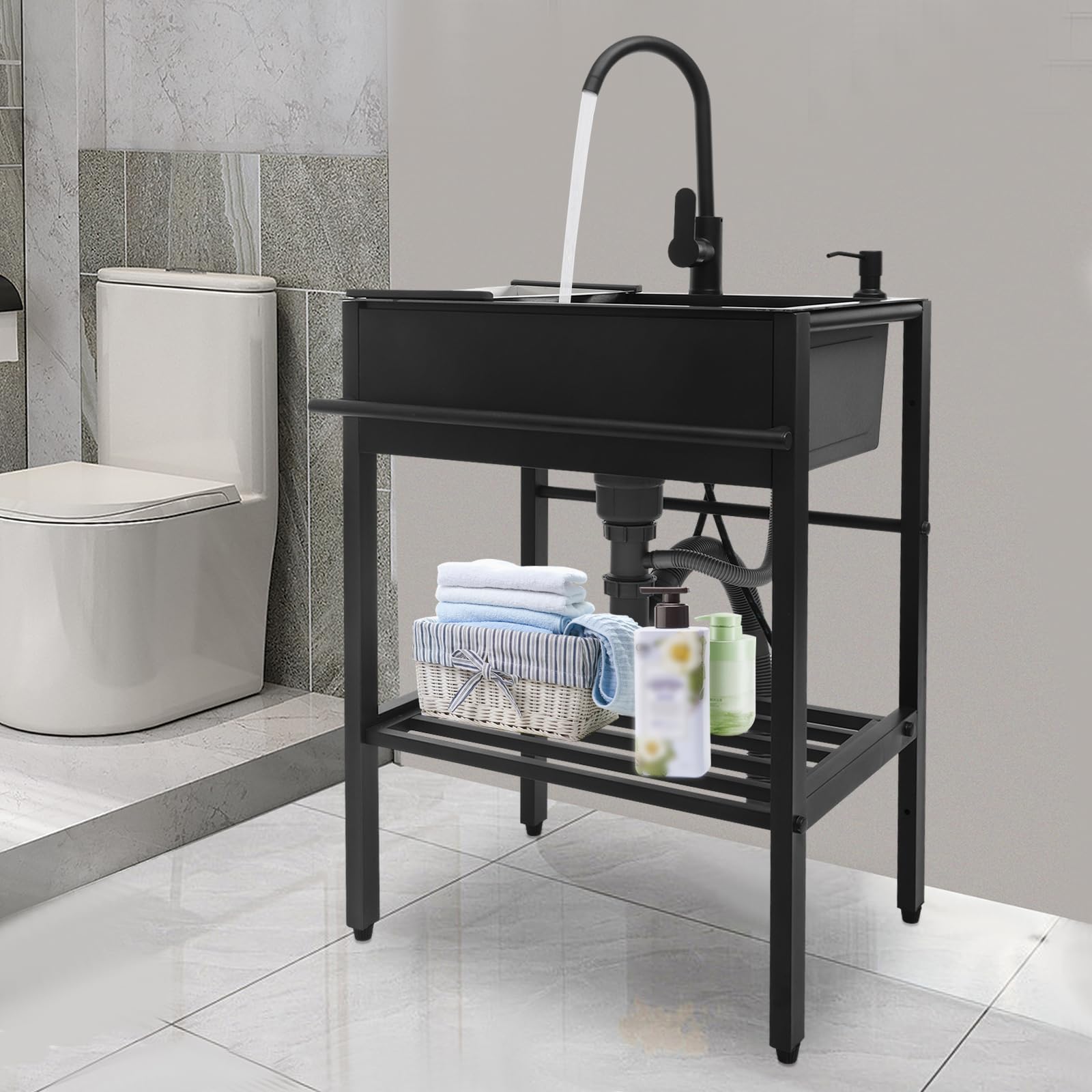 Freistehende Edelstahl Spültisch, Mobile Spüle mit Wasserhahn, 1 Becken Spühlbecken mit Arbeitsplatte und untere Ablage für Außen, Innen, Küche, Restaurant, Schwarz