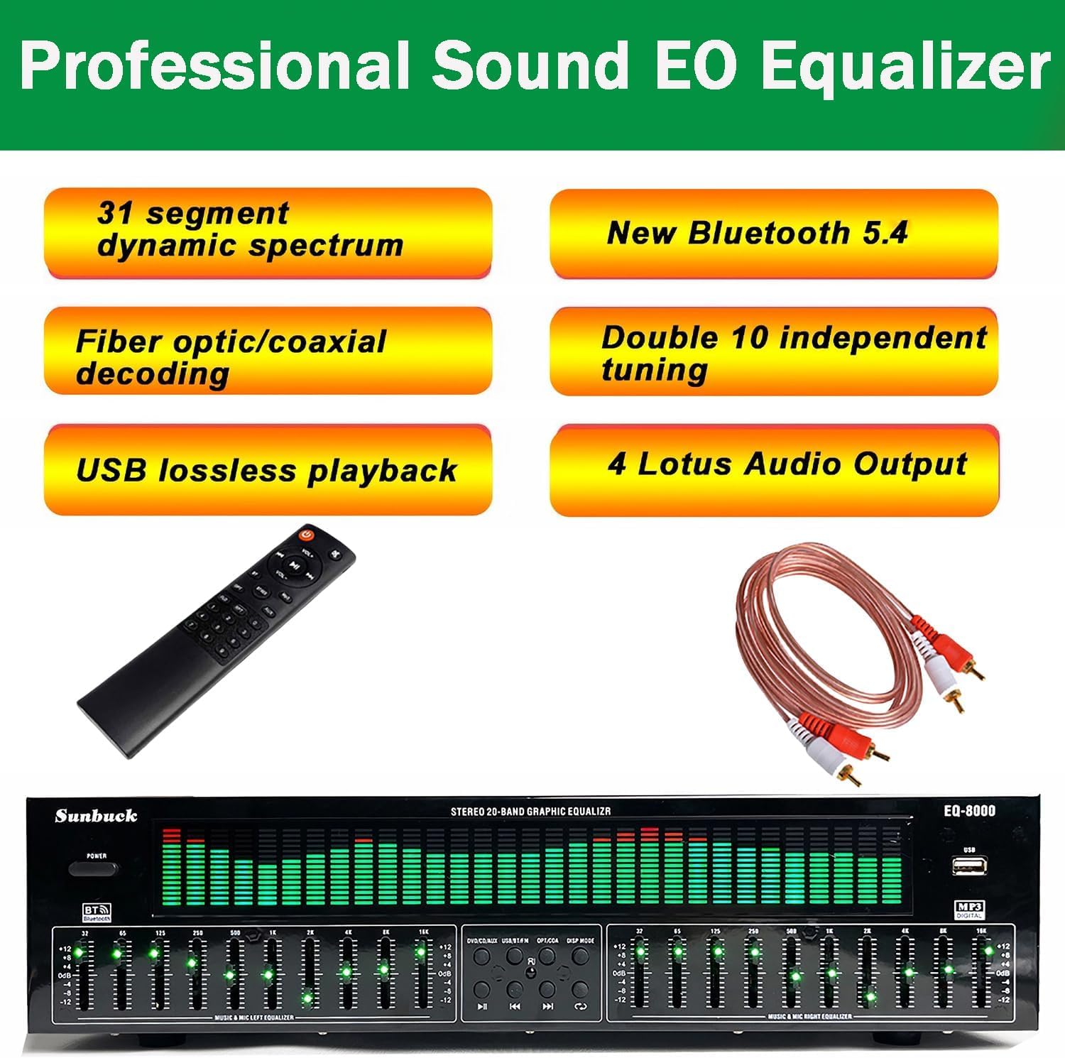 Égaliseur numérique 31 bandes, égaliseur graphique audio stéréo avec réduction du bruit et 12 modes de rythme, égaliseur professionnel avec réglage indépendant
