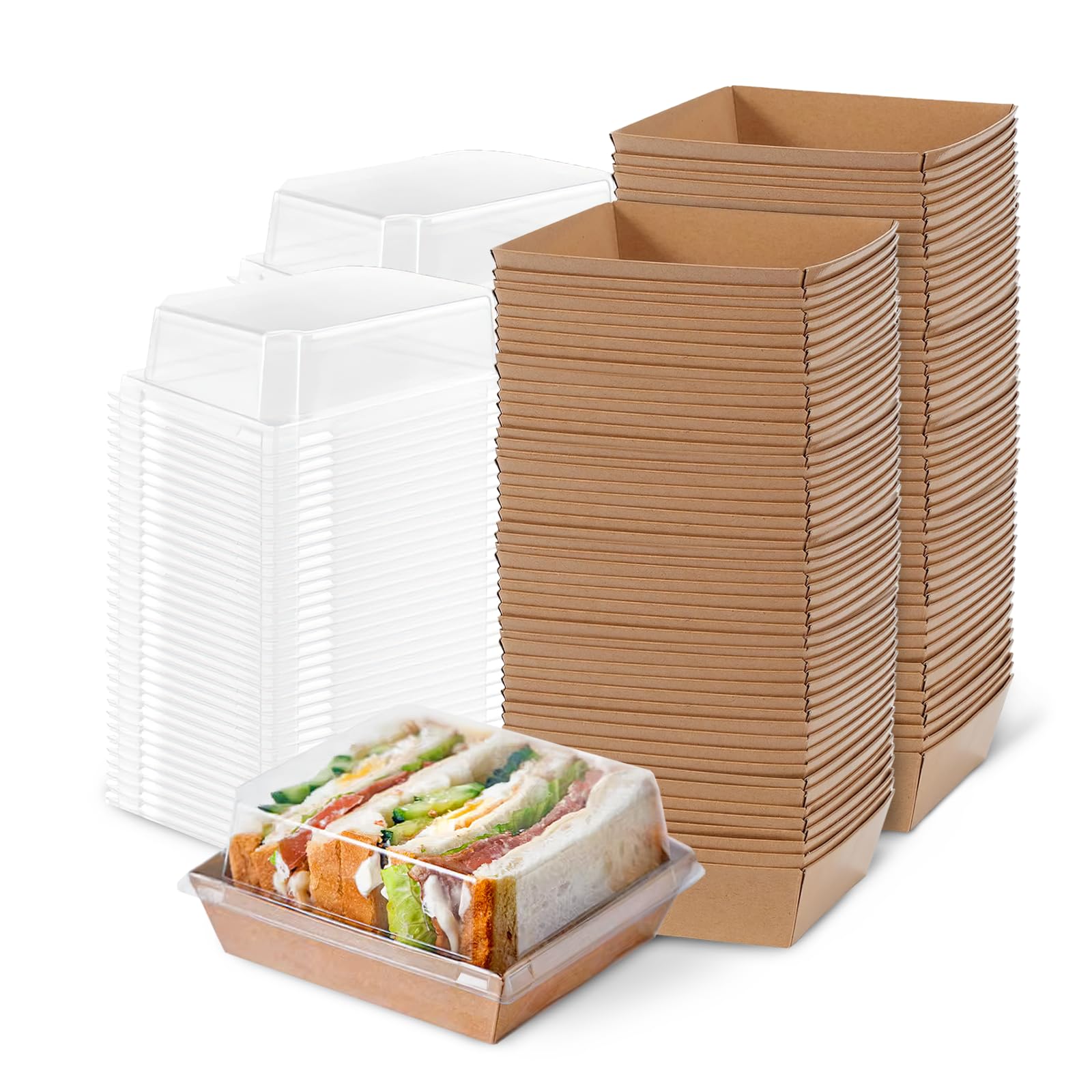 Slomg 100 Pack Plastic Charcuterie Boxes with Clear Lids, 4" Small Paper to Go Food Container for Sandwich Salad Snack, Disposable Mini Bakery Dessert