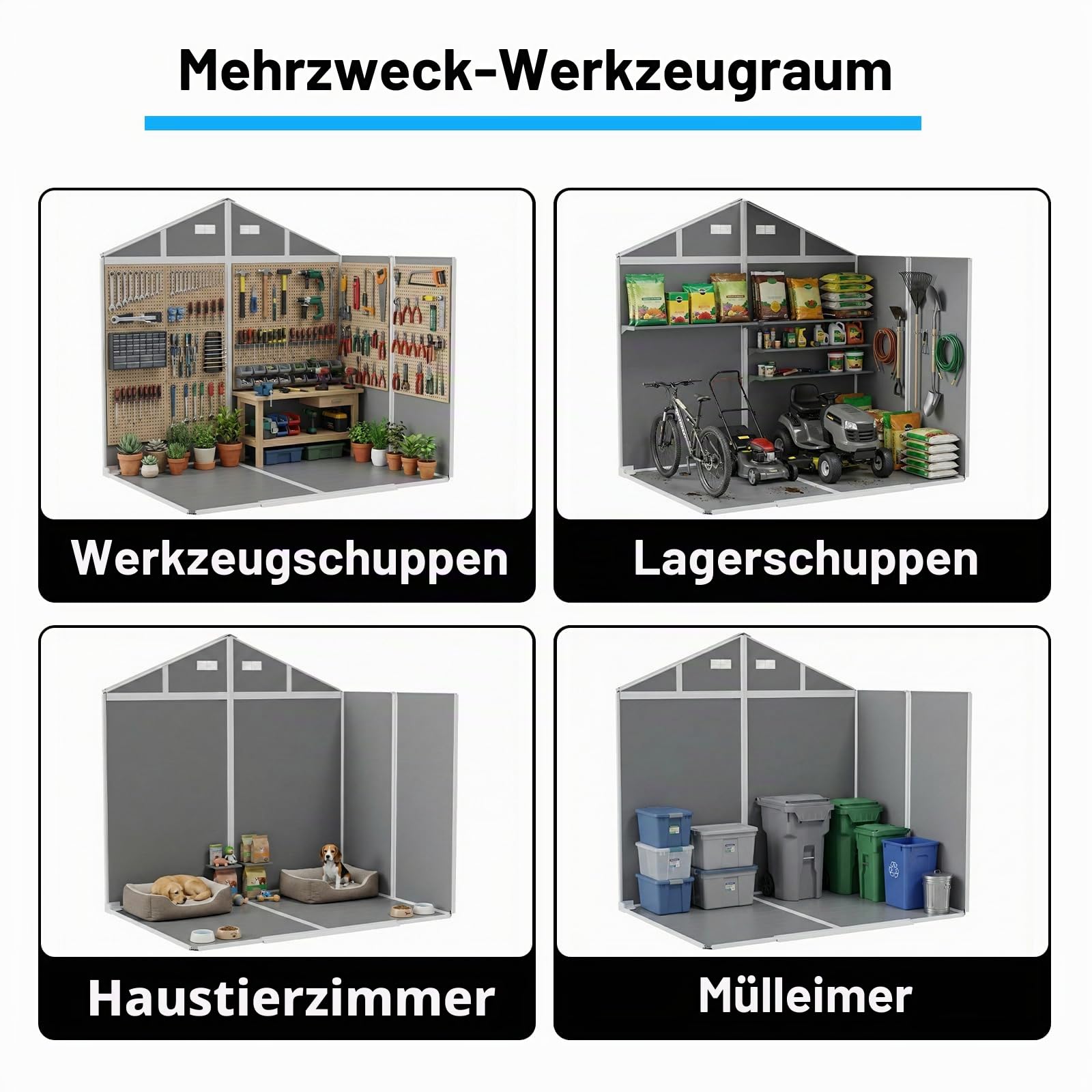 LARBANKE Gerätehaus wetterfest 9,03 m³, Kunststoff 255×182×230 cm, Gartenschuppen Inkl Boden und Dach, Fenster & Rampe,Abschließbare Doppeltür, Belüftung & Regenrinne, für Garten,Rasen und Terrasse
