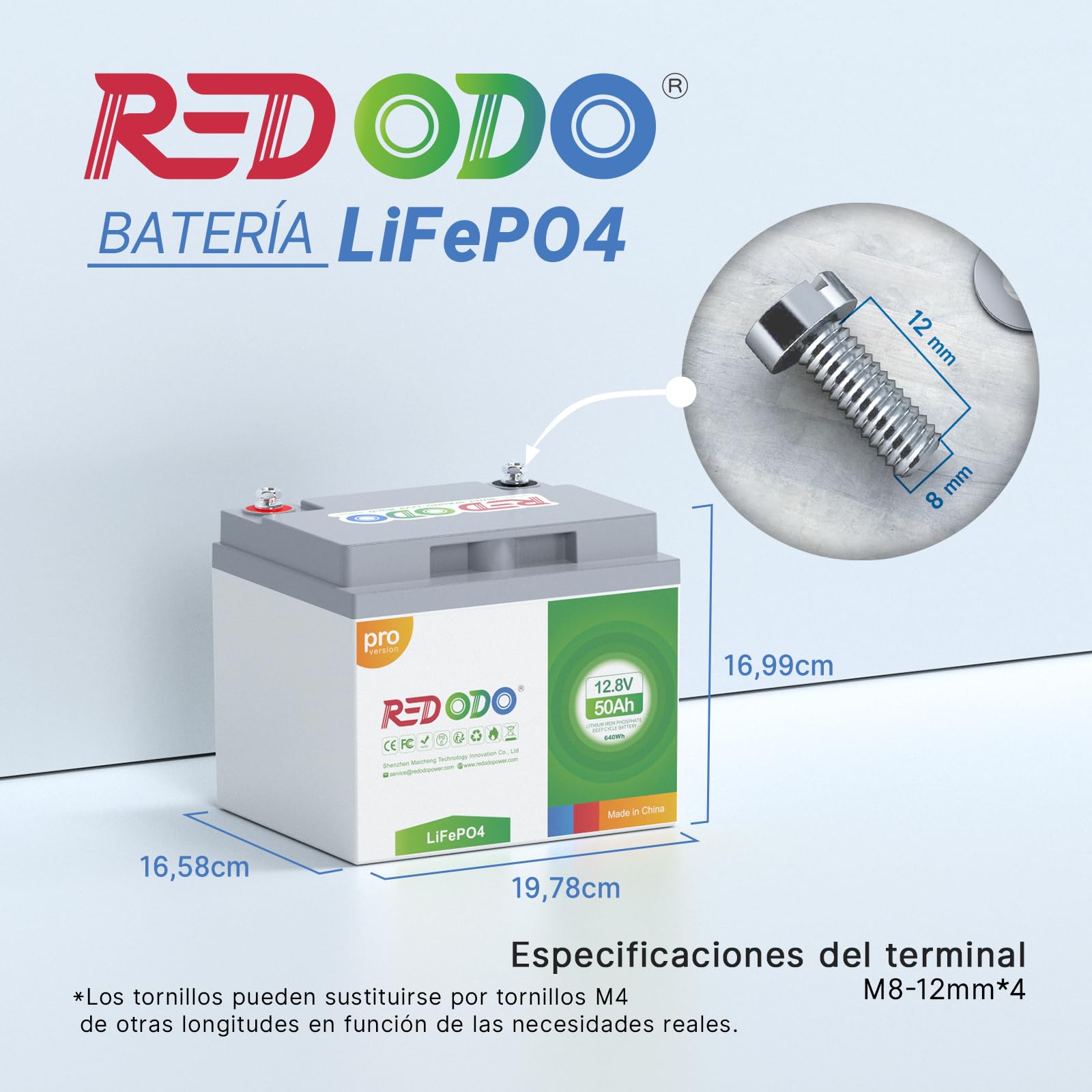 Redodo 12V 50Ah Pro(1 Pack) Batería LiFePO4 640Wh Batería Litio con BMS 50A Carga Rápida 10 Años de Vida Util para Motor de Pesca/Caravanas/Sistemas Solares y Outdoor