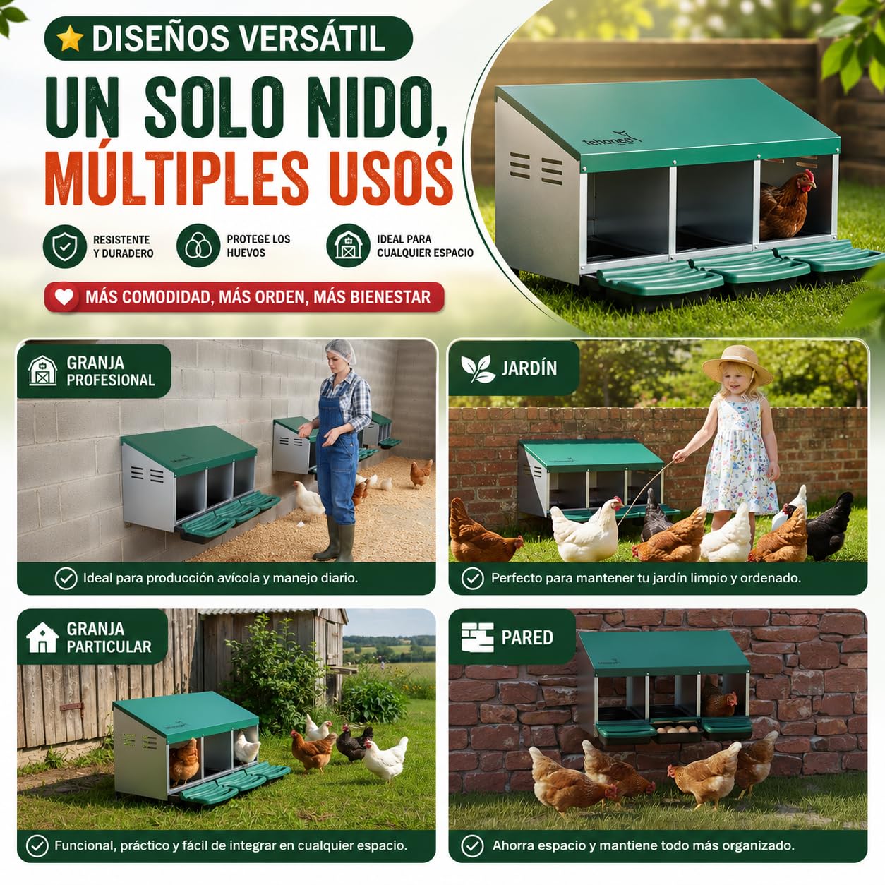 TEHORNEO Ponederos para Gallinas, Ponederos Gallinas 81x51x47 cm de Acero Galvanizado con 3 Departamentos, Apto para 12-15 Aves Ponedoras, Jaula Exterior, Montaje sin Herramientas