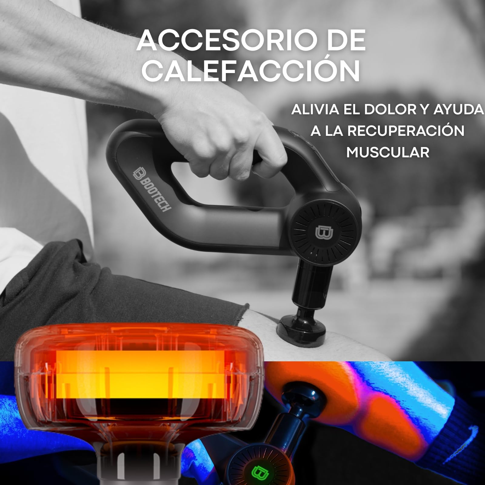 Bootech Pistola de Masaje Muscular con Calor, Masajeador Profesional de Tejido Profundo 16mm, Massage Gun para Atletas con 8 Cabezales, Alivio del Dolor Muscular