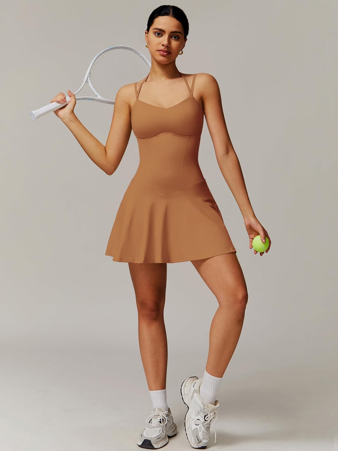 Tennis Dress for Women Spaghetti Strap Golf Dresses 2-in-1 Yoga Athletic Dress with Built in Shorts with Pockets