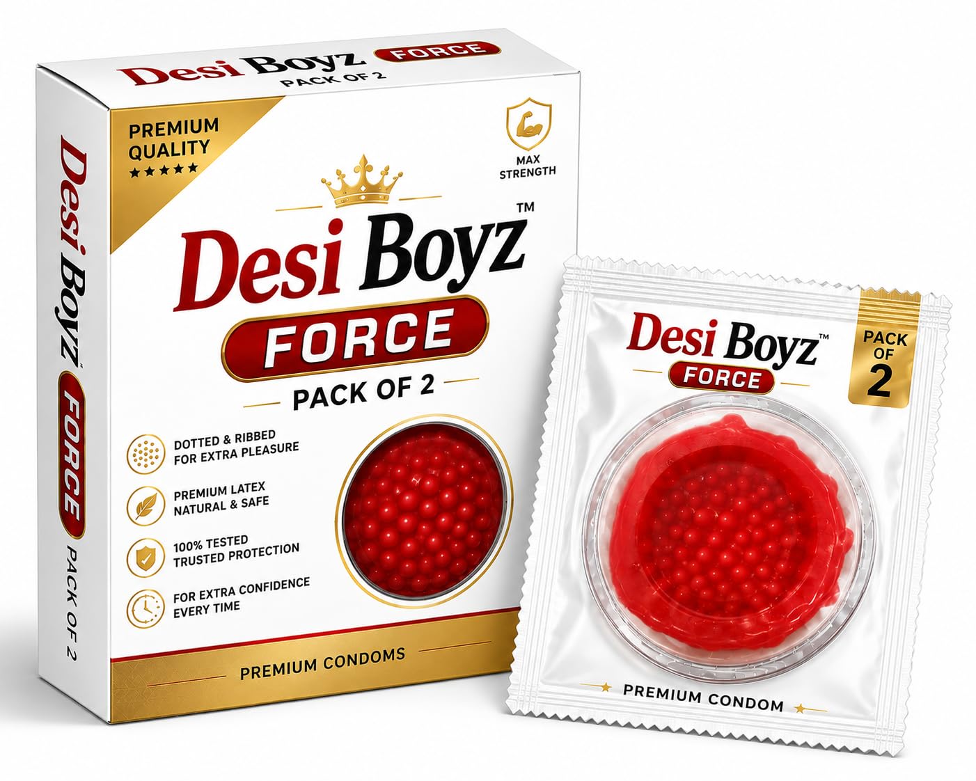 Desi Boyz Force™ Premium Dotted & Ribbed Condoms for Men | Extra Sensation & Comfort | Natural Latex Protection | Pack of 2-image-1