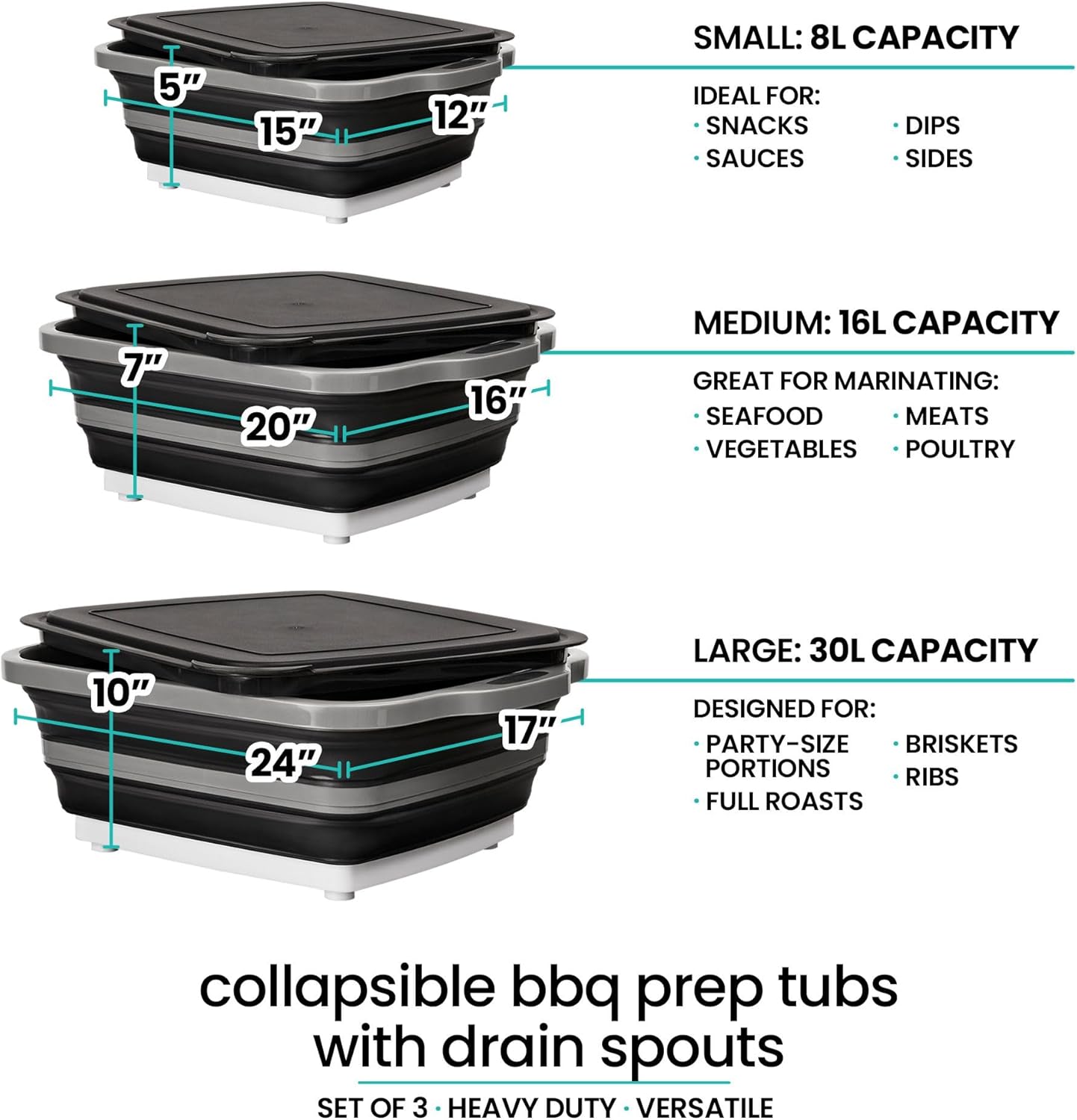 Collapsible BBQ Prep Tub with Lids and Drain Spouts, 3 Pack Portable Meat Marinating and Grilling Trays, Cutting Board Food Storage Containers for Outdoor Cooking, Camping, Tailgating and Kitchen Prep