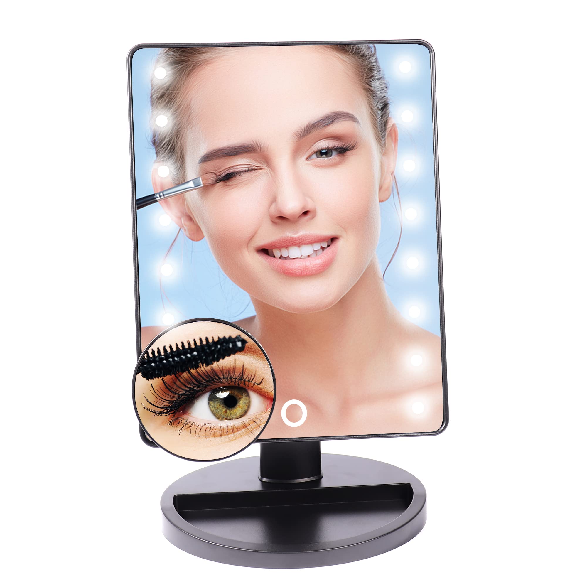 化粧鏡 化粧ミラー 卓上ミラー スタンドミラー 卓上 16個LEDライト付き ライトミラー 10倍拡大鏡 女優ミラー 無段階調光 角度180°調整 電池給電 メイク用 鏡