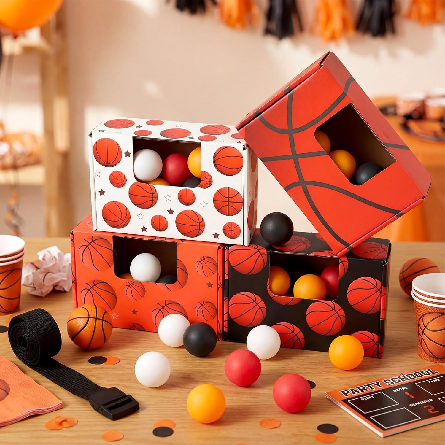 Halloscume 4 Set Basketball Party Favor Games Swing Shaking Ball Game Set Basketball Novelty Twerk Game, 40 Balls, Ribbon Cardboard Boxes Sport Games for Family Adult Large Group Sport Party Favors