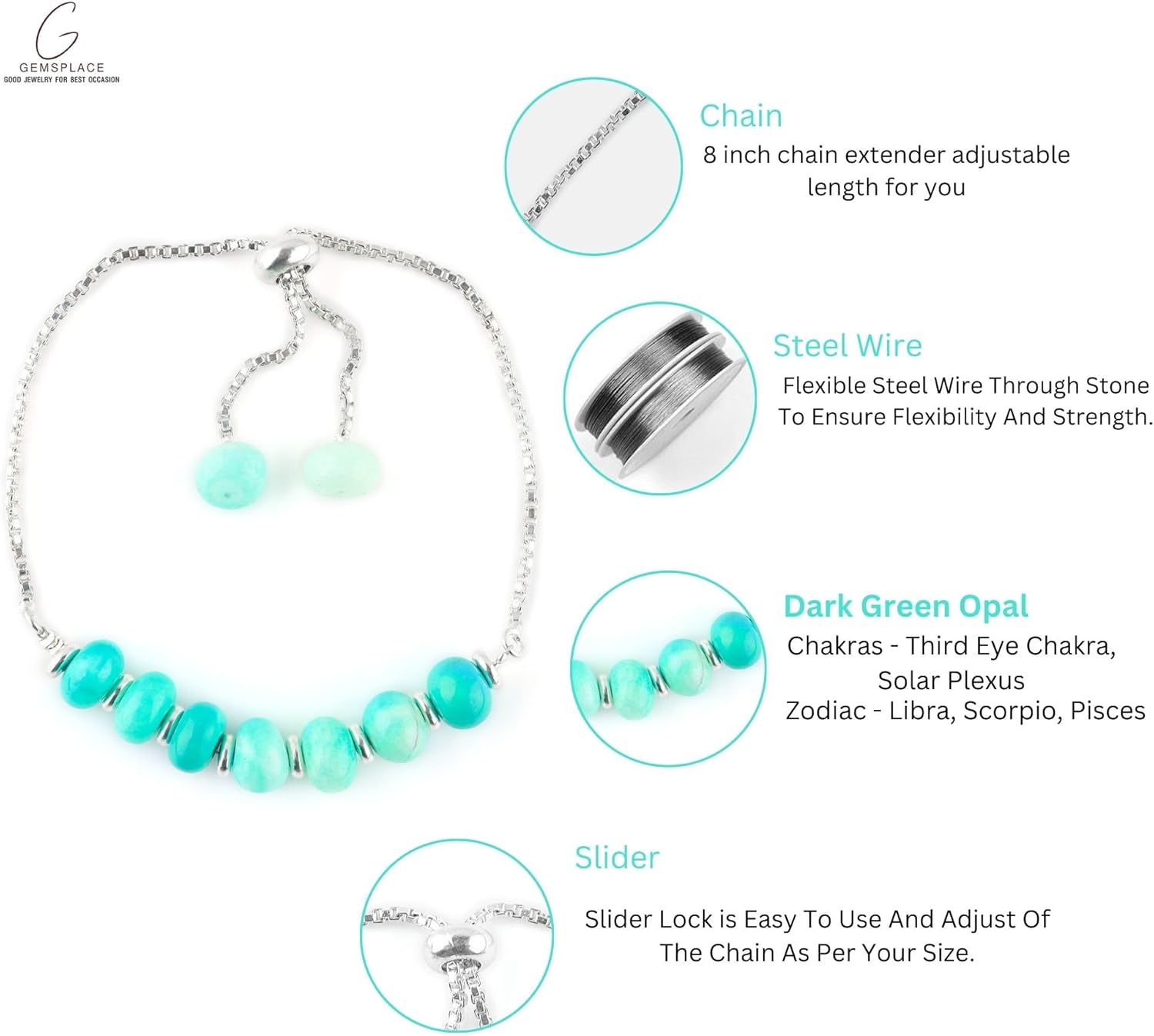 Dark Green Opal Dyed Beaded Bolo Bracelet Silver Plated Adjustable Slider Chain for Easy On-Off, Wrist Jewelry, Gift for Her Stone Weight Approx 25 to 30 carats Stone Size Approx 6 to 10 mm. - Image 7