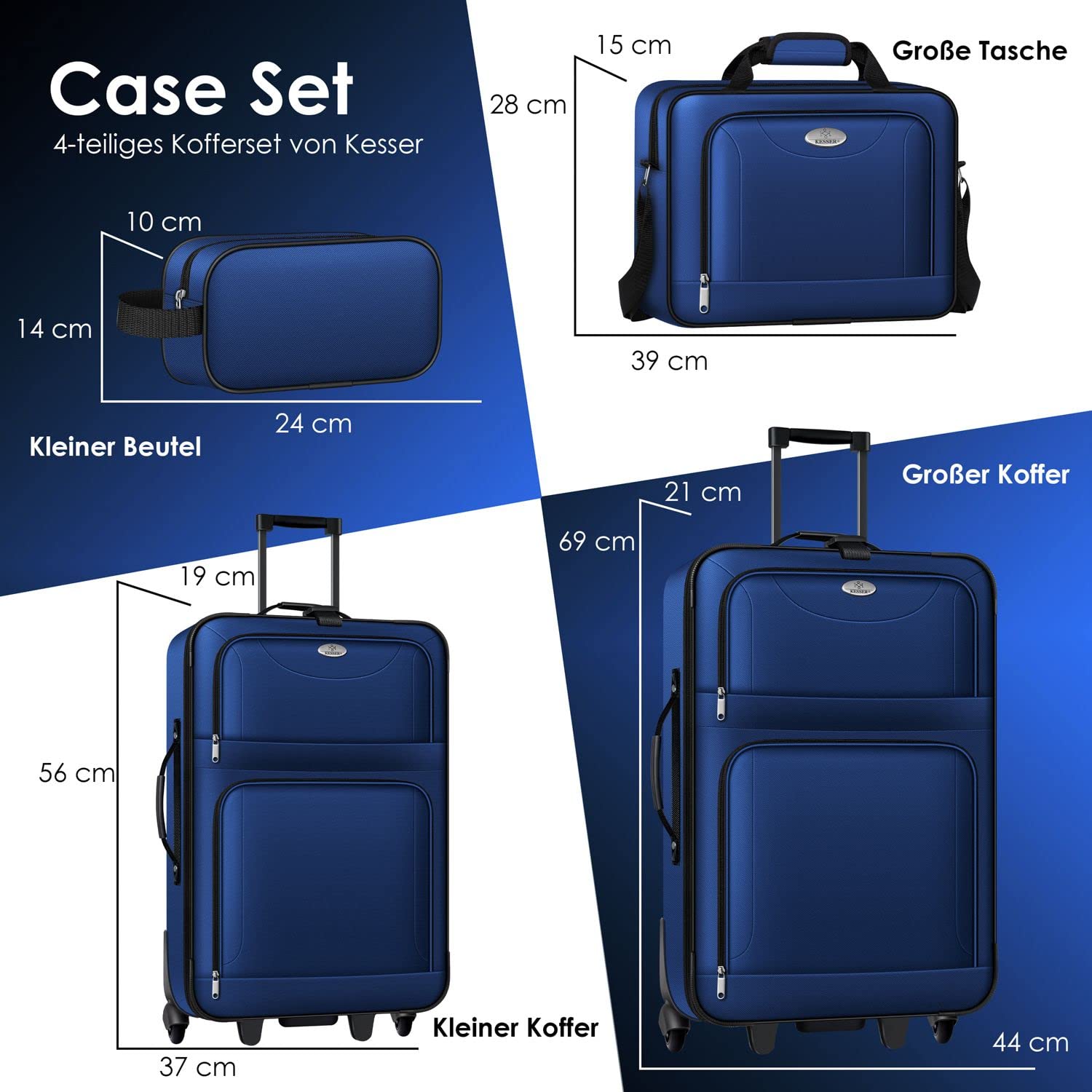 KESSER® Set di trolley 4pz | set di valigie da viaggio con rotelle | set completo di 4 valigie business | S M L XL | scomparto a rete | rotelle | manico telescopico | valigie borse