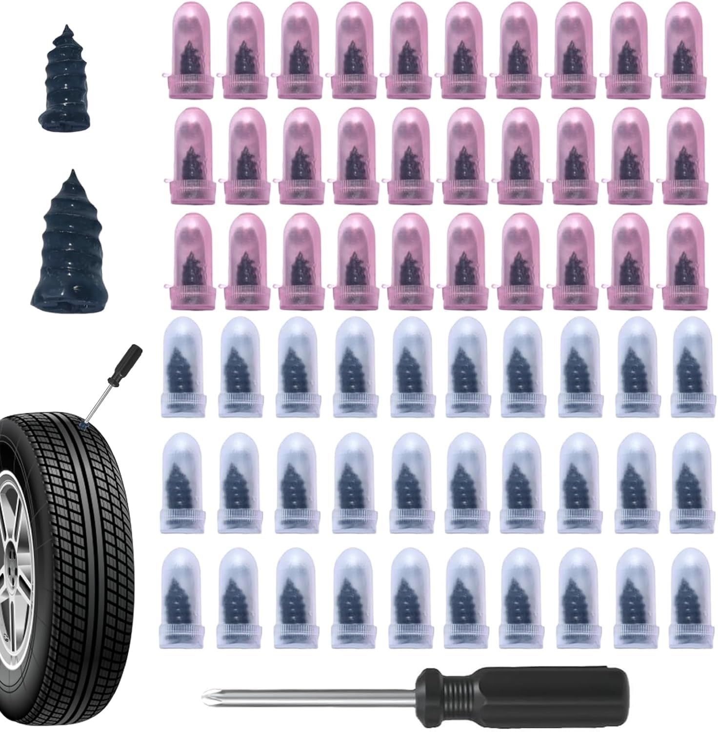 Tyre Repair Screws, Tyre Repair Kit, 60Pcs Puncture Repair Kit with 2 Sizes, Roadside Emergency Tire Plug Repair Tools with Storage Box, Quick Tyre Screw Repair Kit Suitable for Car Bike Motorbike
