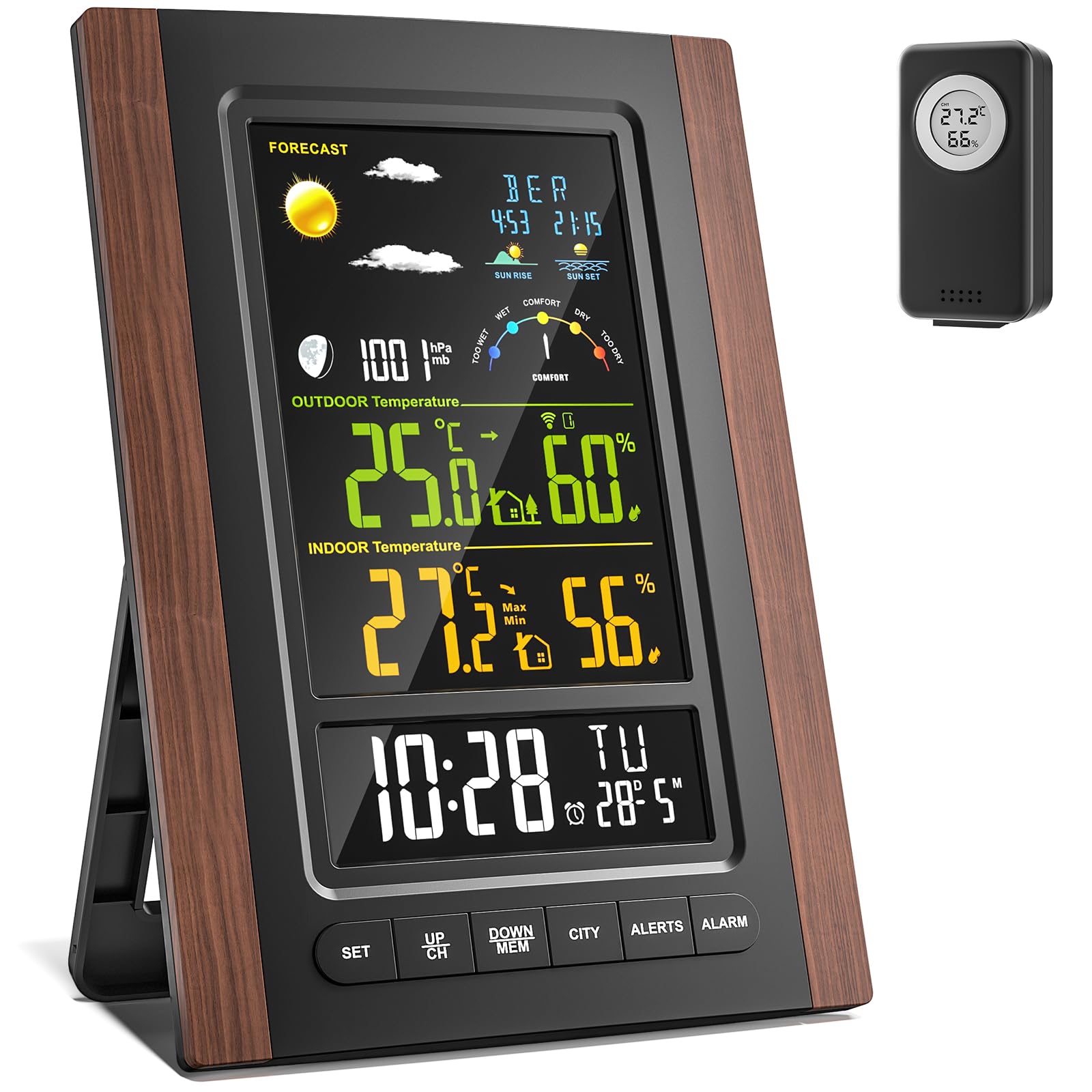 Stazione meteo radio con sensore esterno, temperatura e umidità interno/esterno, grande display LCD, previsioni meteo, orologio radio DCF, fasi lunari, barometro, alba e tramonto