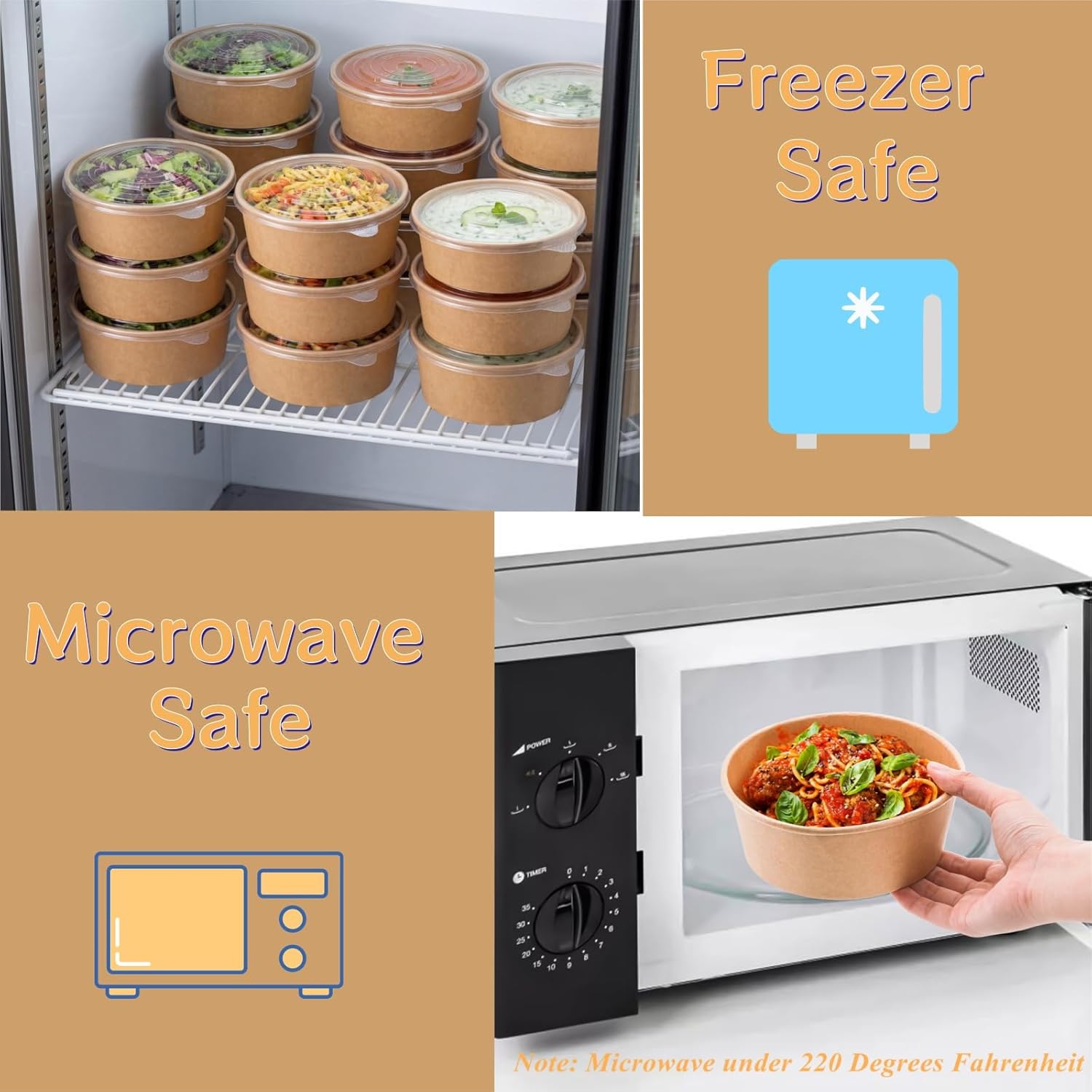 Lyellfe 50 Pack Kraft Paper Bowls with Lid, 25 Oz Disposable Soup Salad Serving Bowls, To Go Food Container for Party Dessert, Ice Cream, Yogurt, Microwave Freezer Safe