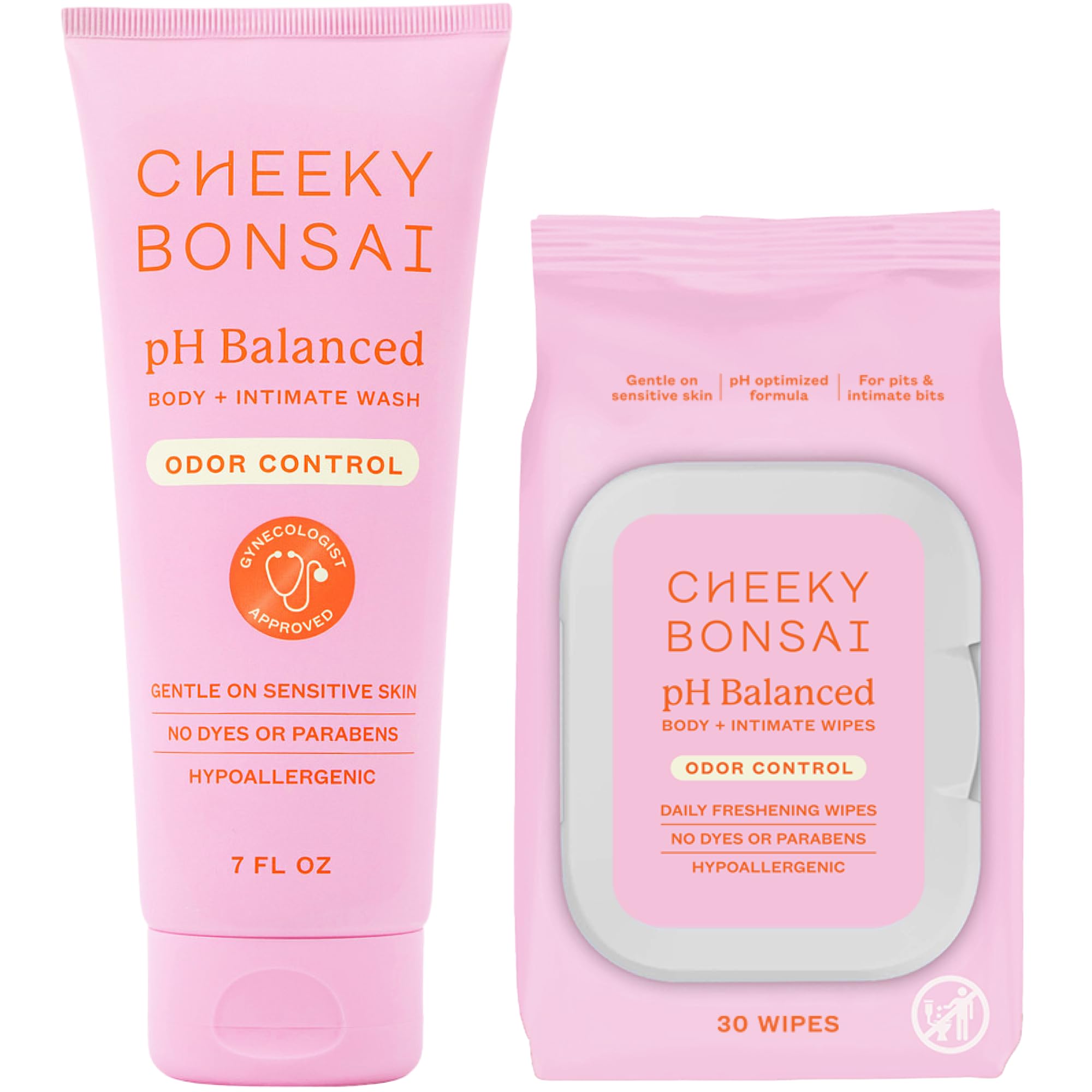 Cheeky Bonsai Daily Freshness Duo – Everywhere Wash (7 oz) + Prebiotic Intimate Wipes (30 ct) – pH Balanced, Moisturizing & Non-Irritating