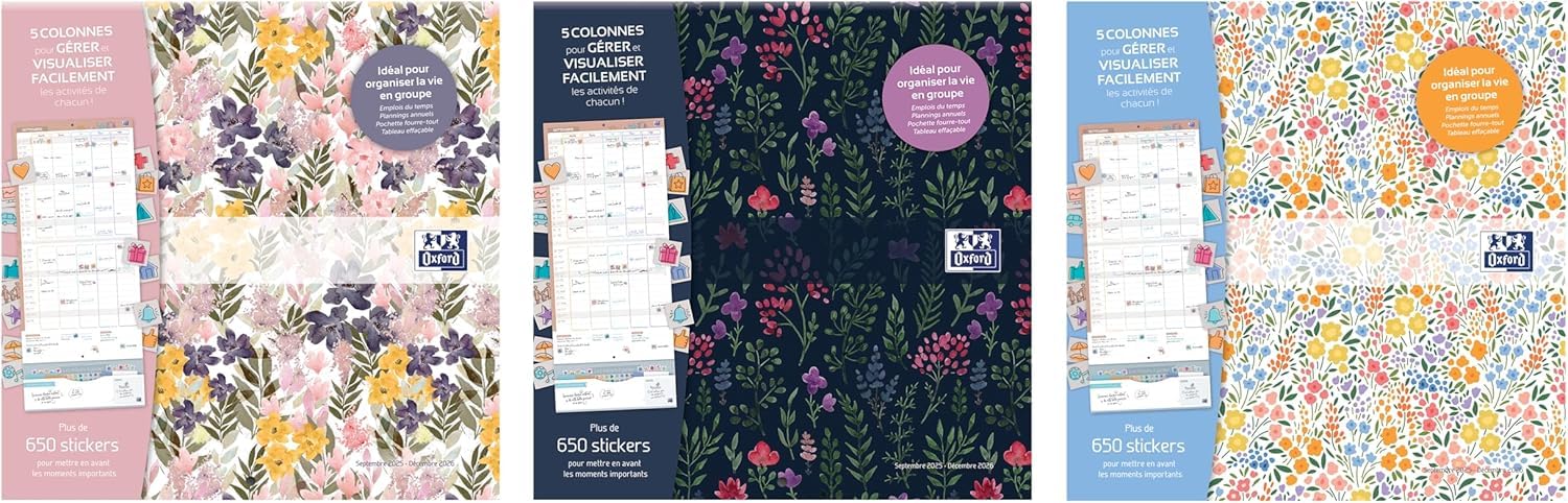 OXFORD Calendrier Planning Mural Familiale Flowers 16 Mois Septembre 2026 à Décembre 2027 30 x 30 cm