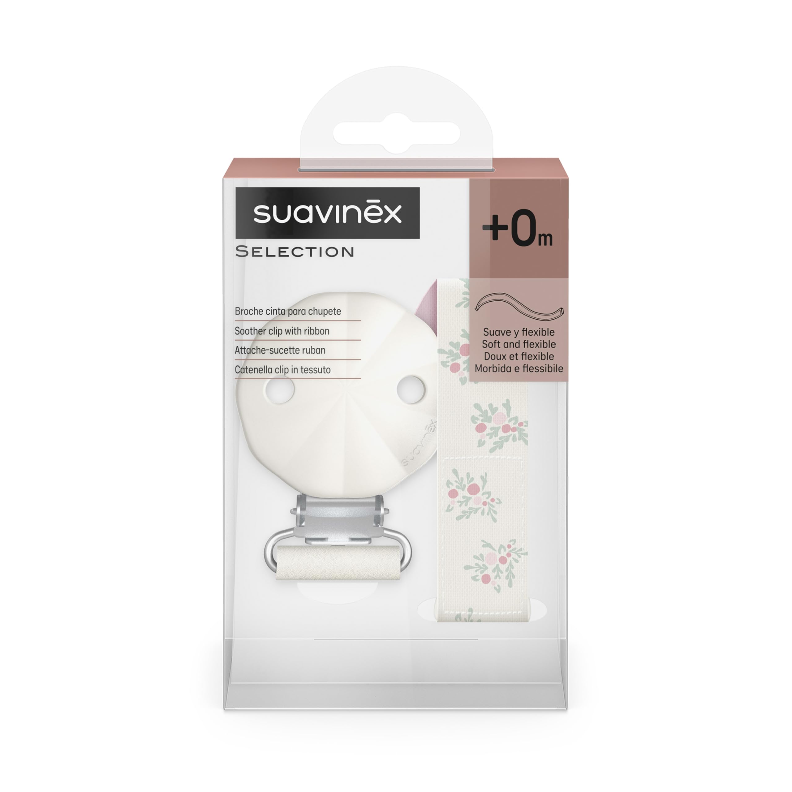 Suavinex, Portaciuccio in tessuto per neonati, morbido e flessibile, nastro con decoro su due lati, clip per ciuccio con pinza. Per neonati +0 mesi, adatto per neonati, Poetry Rosa