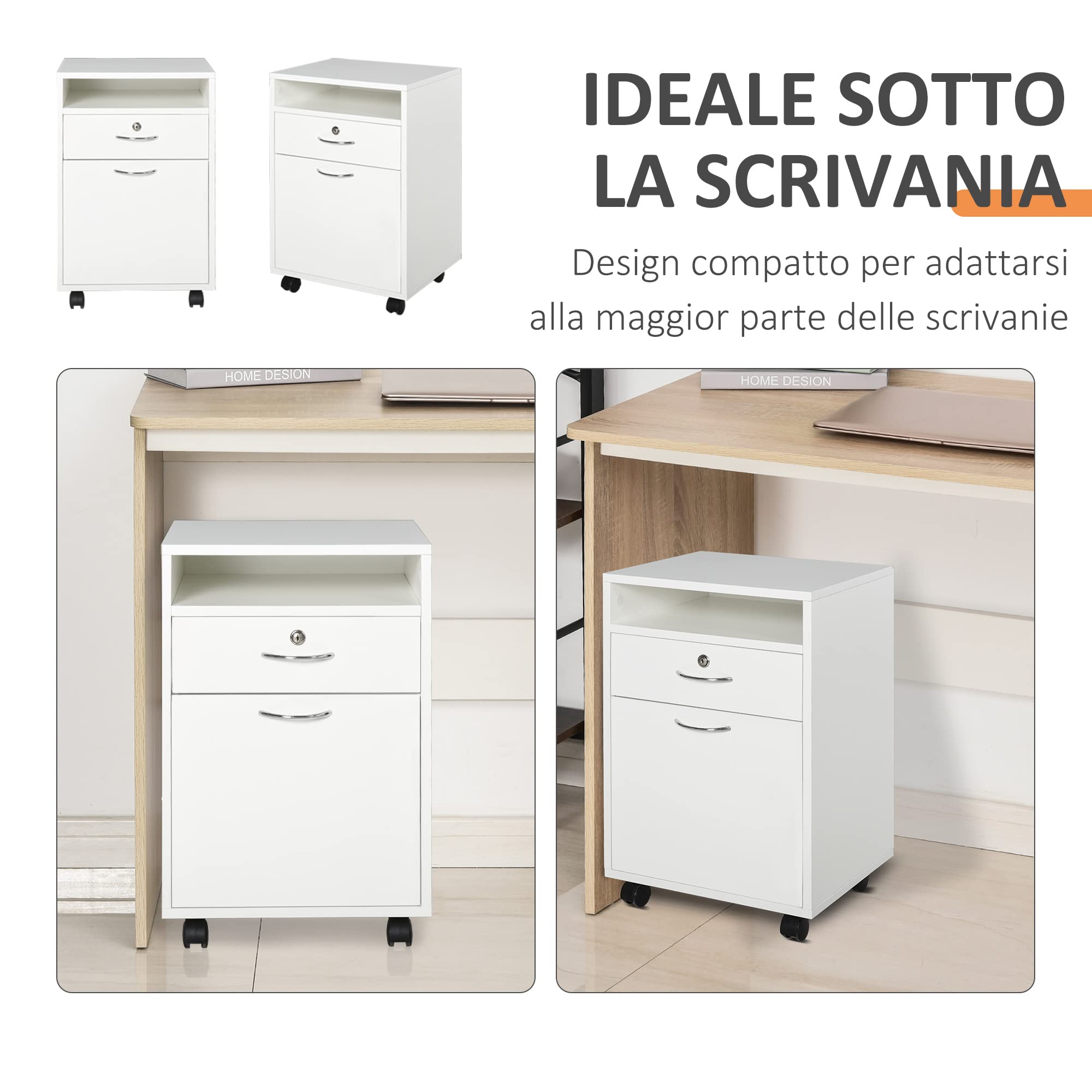 Cassettiera Ufficio in Legno con 2 Chiavi Cassetto Armadietto e 4 Ruote 40x35x60cm