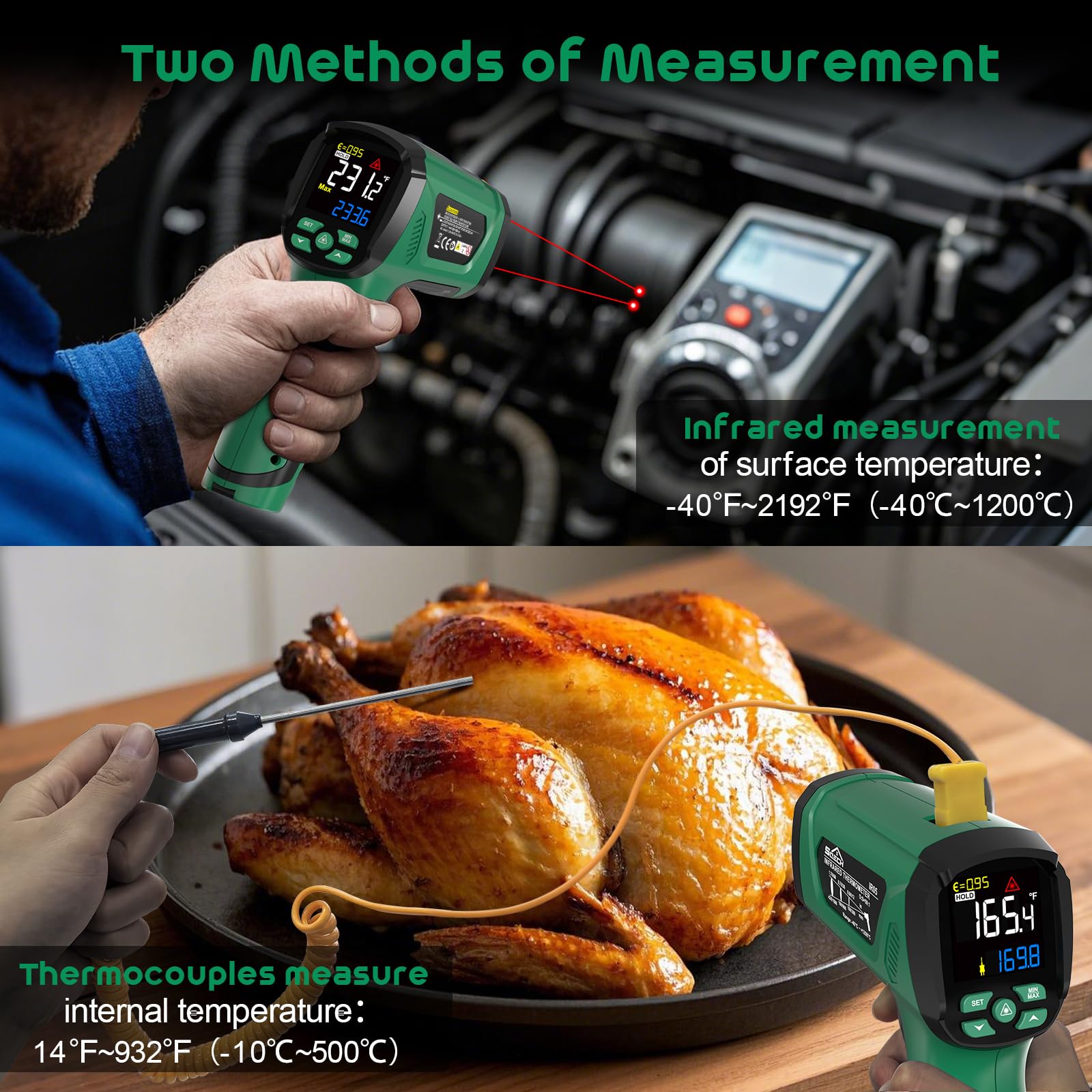 SQECH Termometro Infrarossi Laser -40℃～1200℃ 50:1 con Sonda Termocoppia Emissività Regolabile