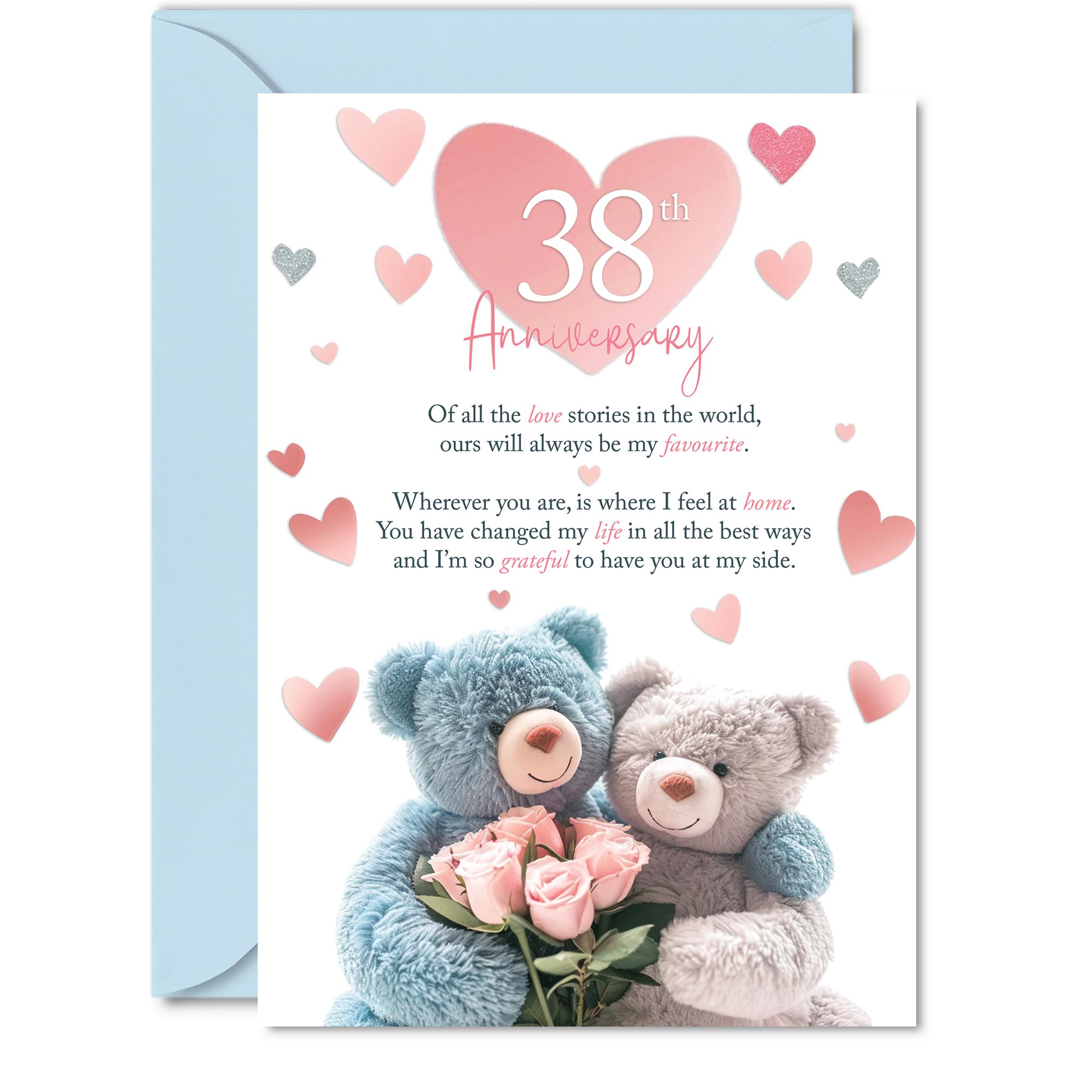 38th Anniversary Card for Women and Men, Teddy Bear Roses