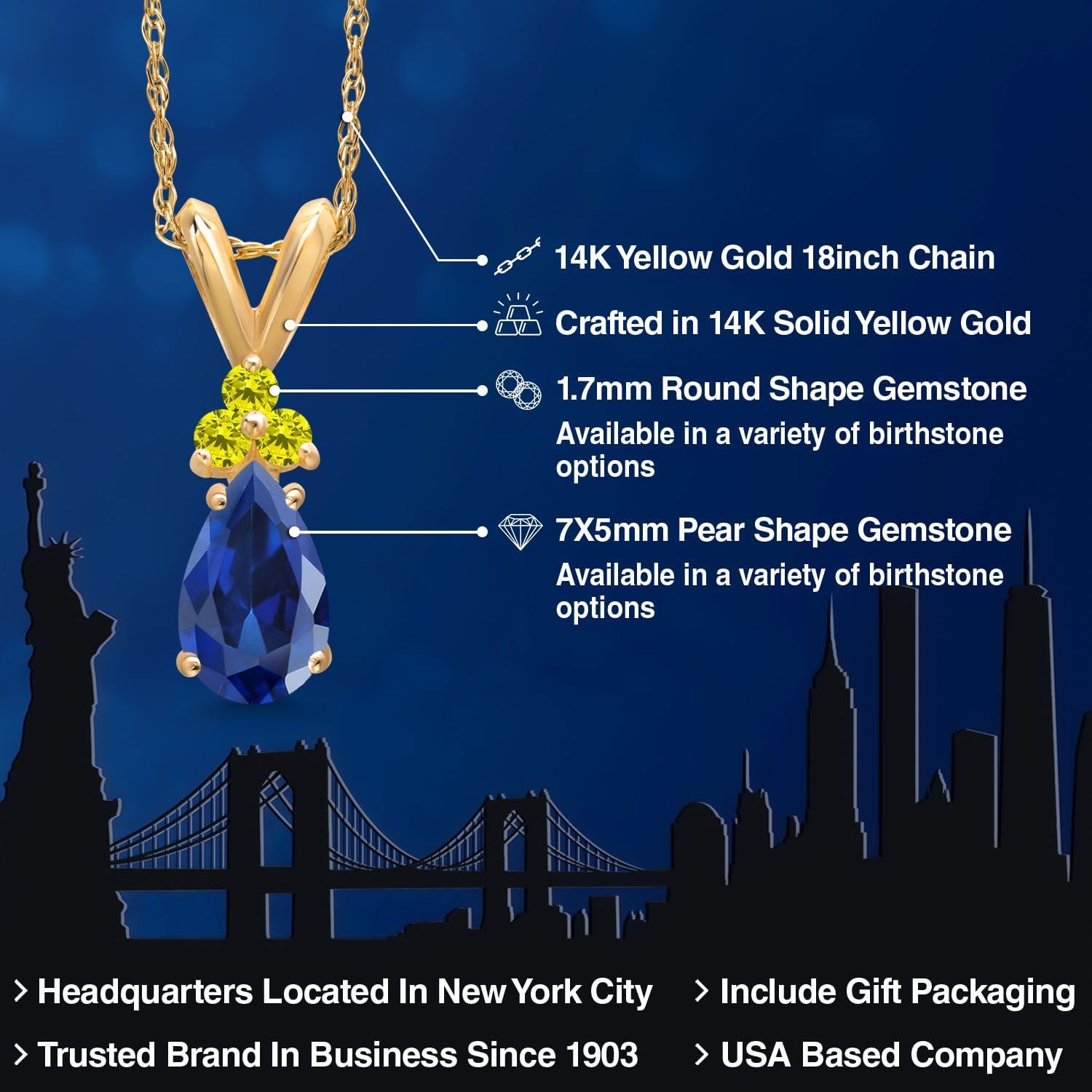 Gem Stone King 14K Yellow Gold Blue Created Sapphire and Canary Diamond Pendant Necklace for Women | 1.08 Cttw | Gemstone September Birthstone | Pear Shape 7X5MM | With 18 Inch Chain - Image 2