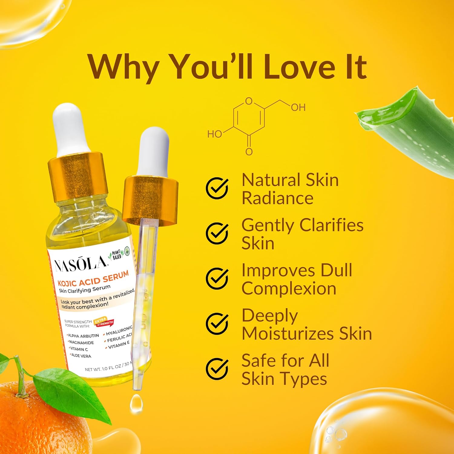 Nasola Kojic Acid Serum for Skin Clarifying, Complexion Revitalization Fade Cream with Alpha Arbutin, Vitamin C & E, & Niacinamide - Image 2